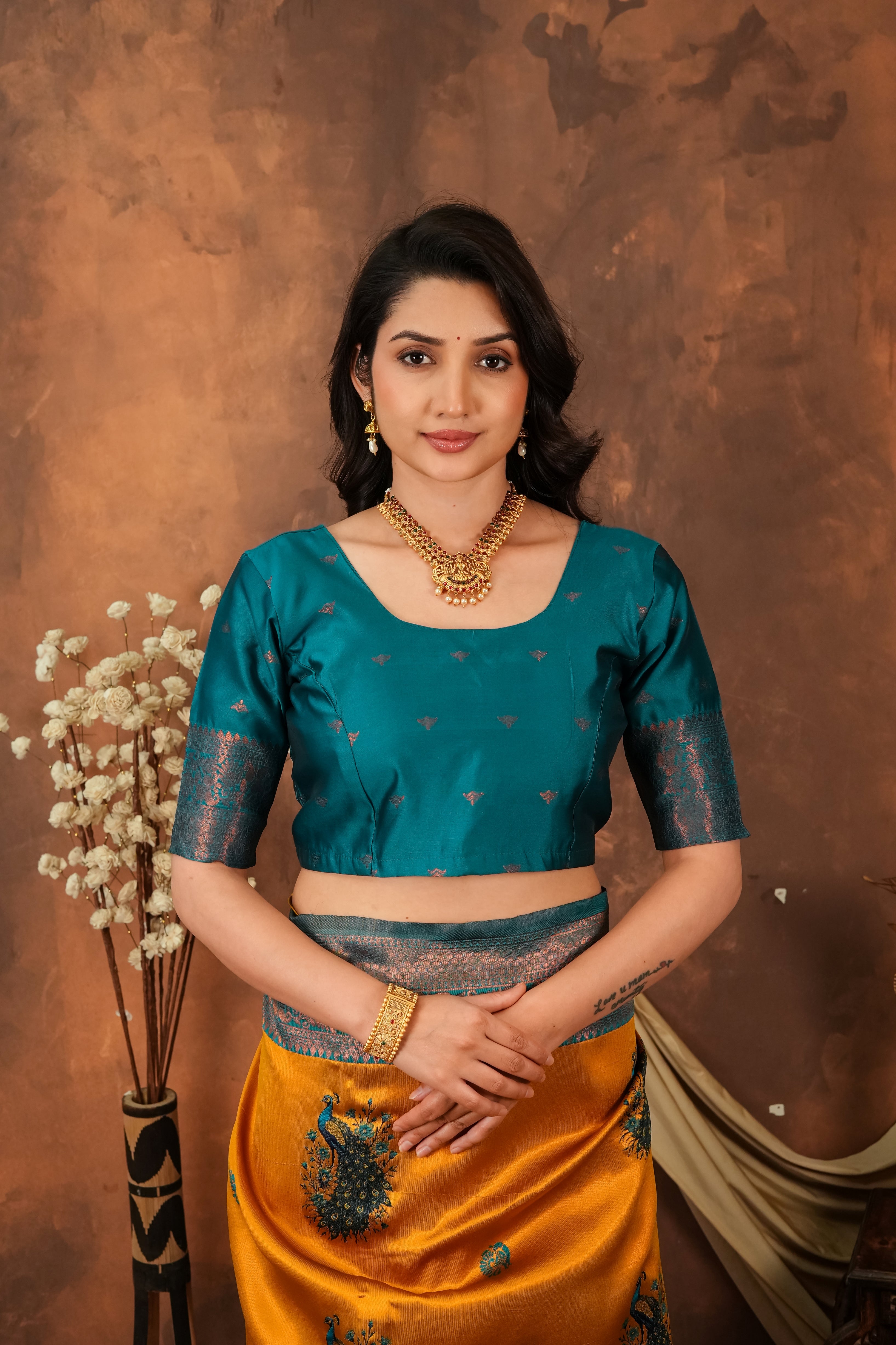 Mustard Gold & Teal Peacock Motif Jacquard Silk Saree