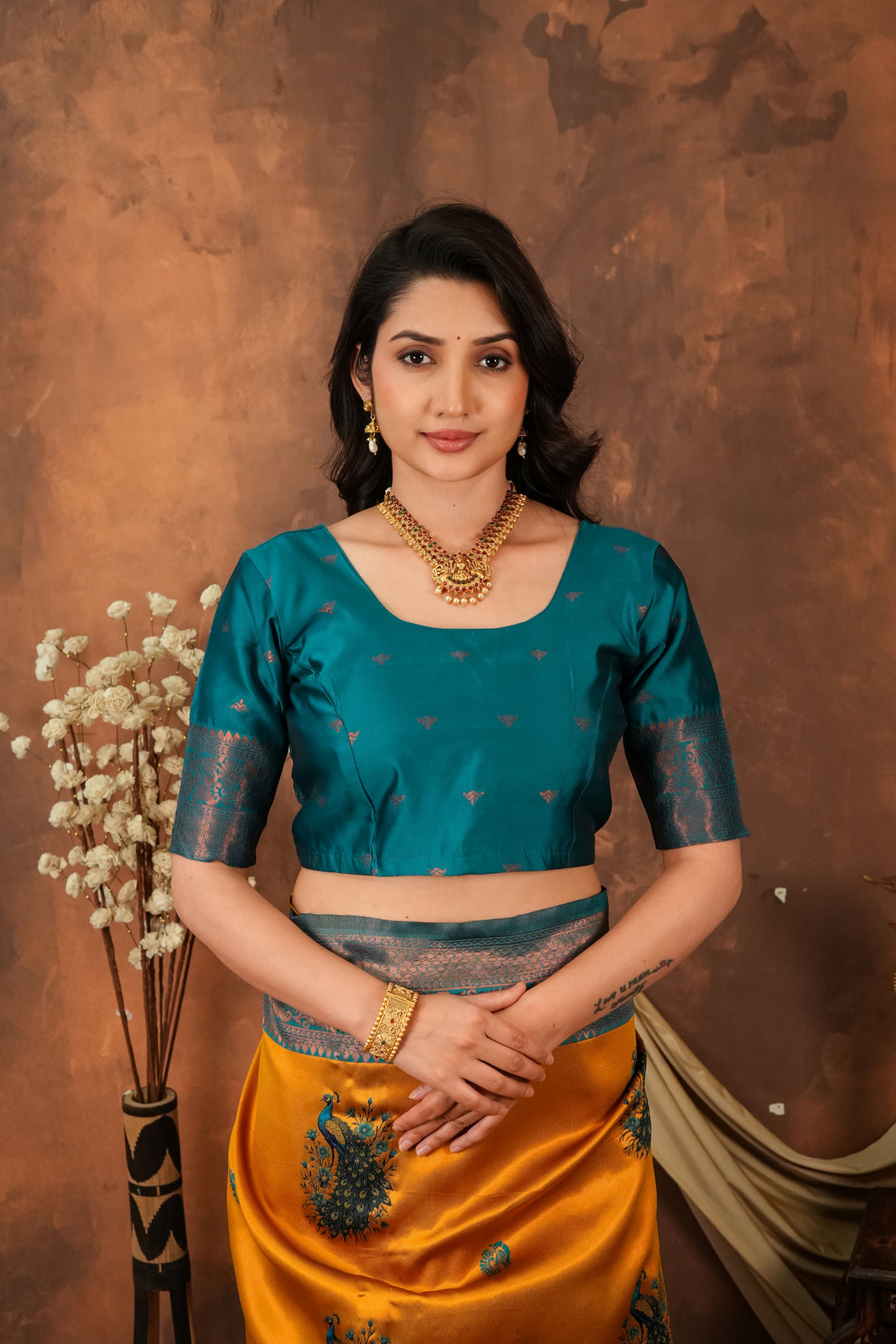 Mustard Gold & Teal Peacock Motif Jacquard Silk Saree