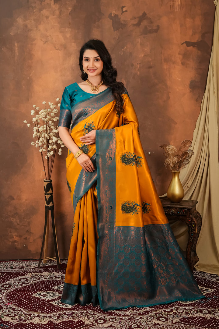 Mustard Gold & Teal Peacock Motif Jacquard Silk Saree