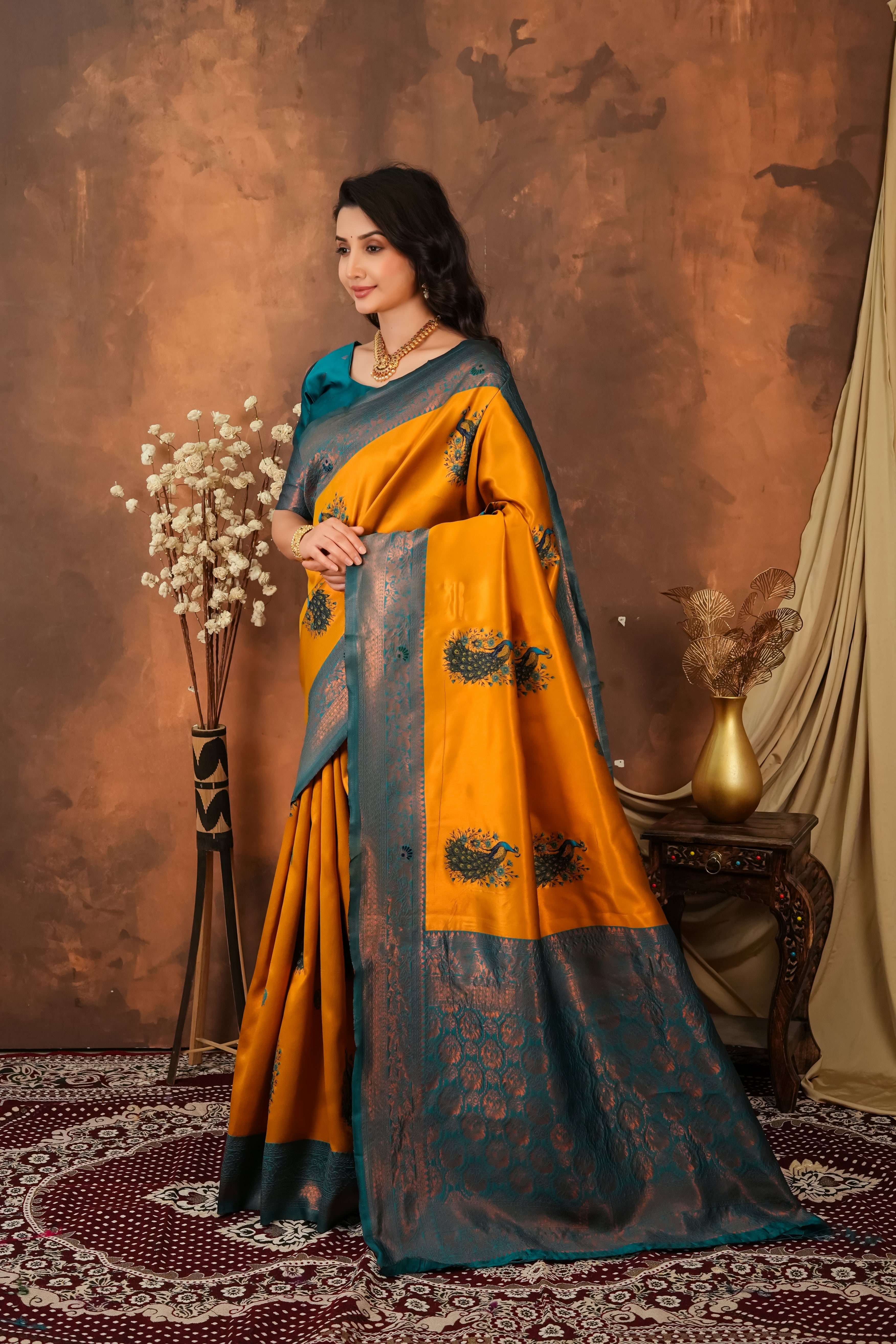 Mustard Gold & Teal Peacock Motif Jacquard Silk Saree
