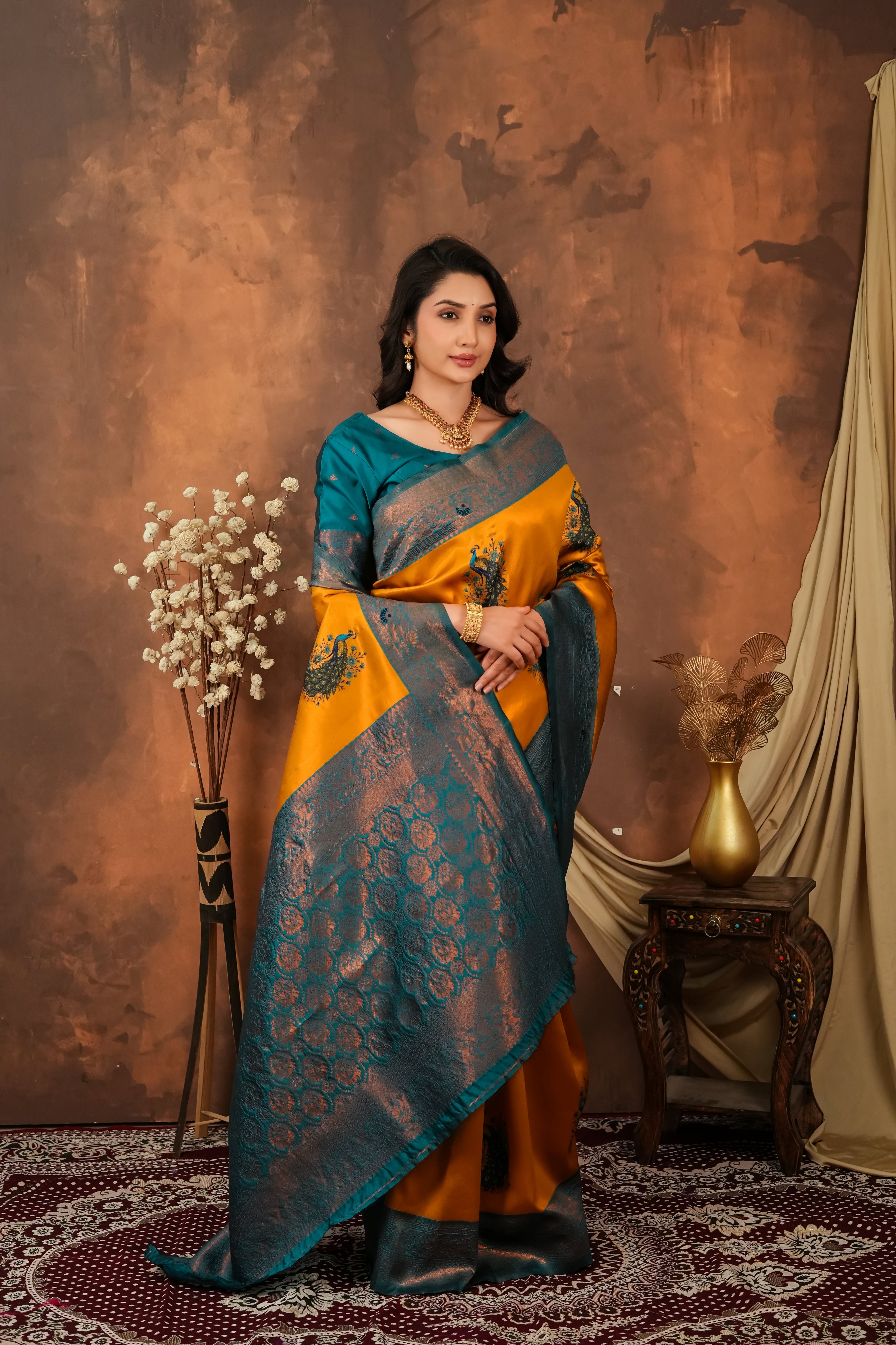 Mustard Gold & Teal Peacock Motif Jacquard Silk Saree