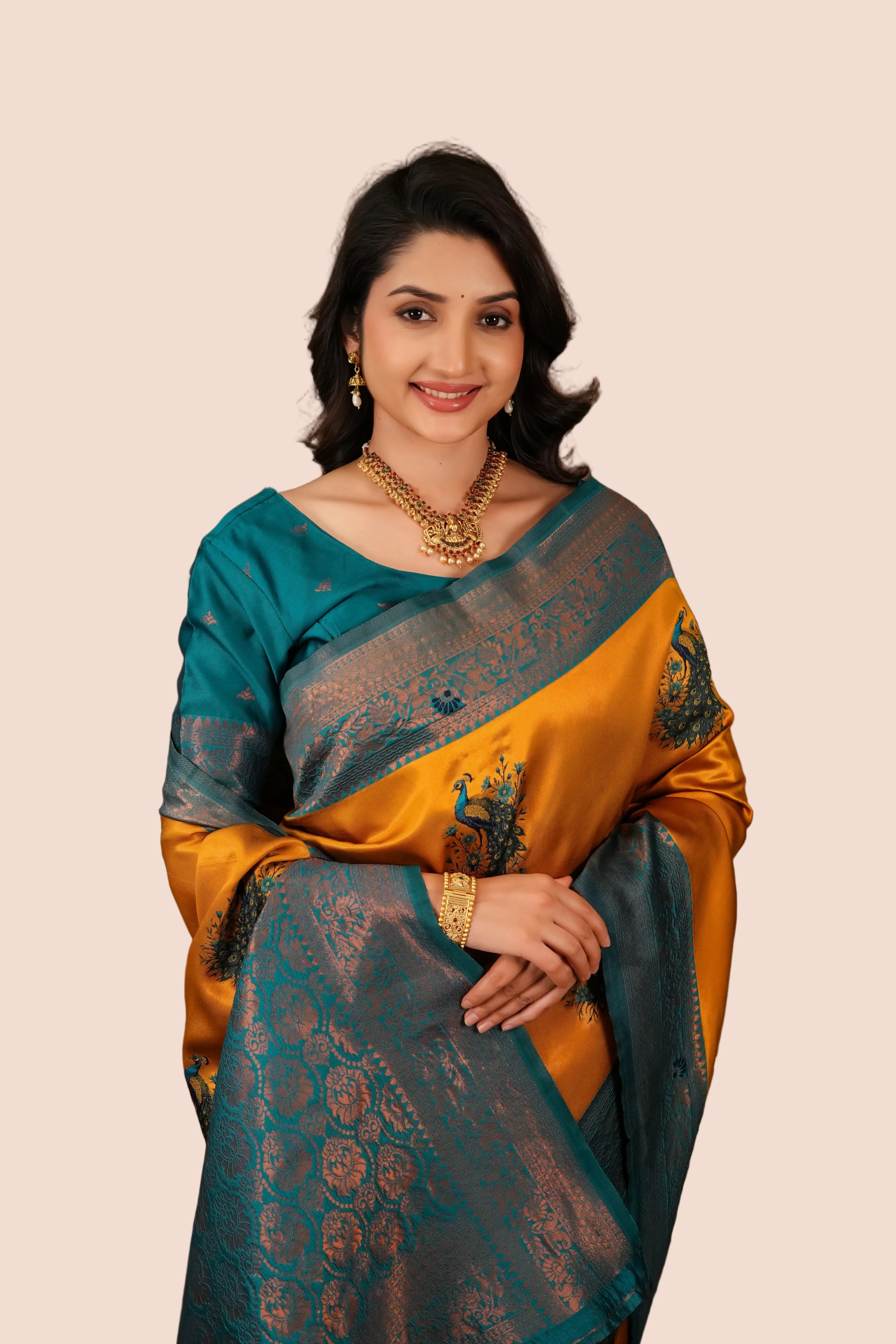 Mustard Gold & Teal Peacock Motif Jacquard Silk Saree
