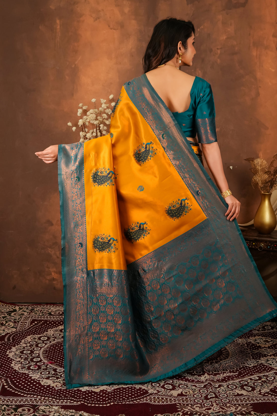 Mustard Gold & Teal Peacock Motif Jacquard Silk Saree
