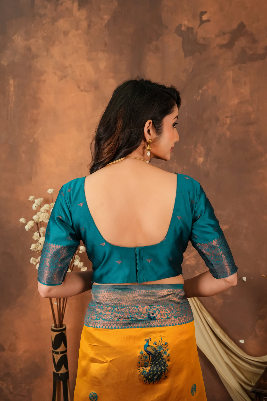 Mustard Gold & Teal Peacock Motif Jacquard Silk Saree