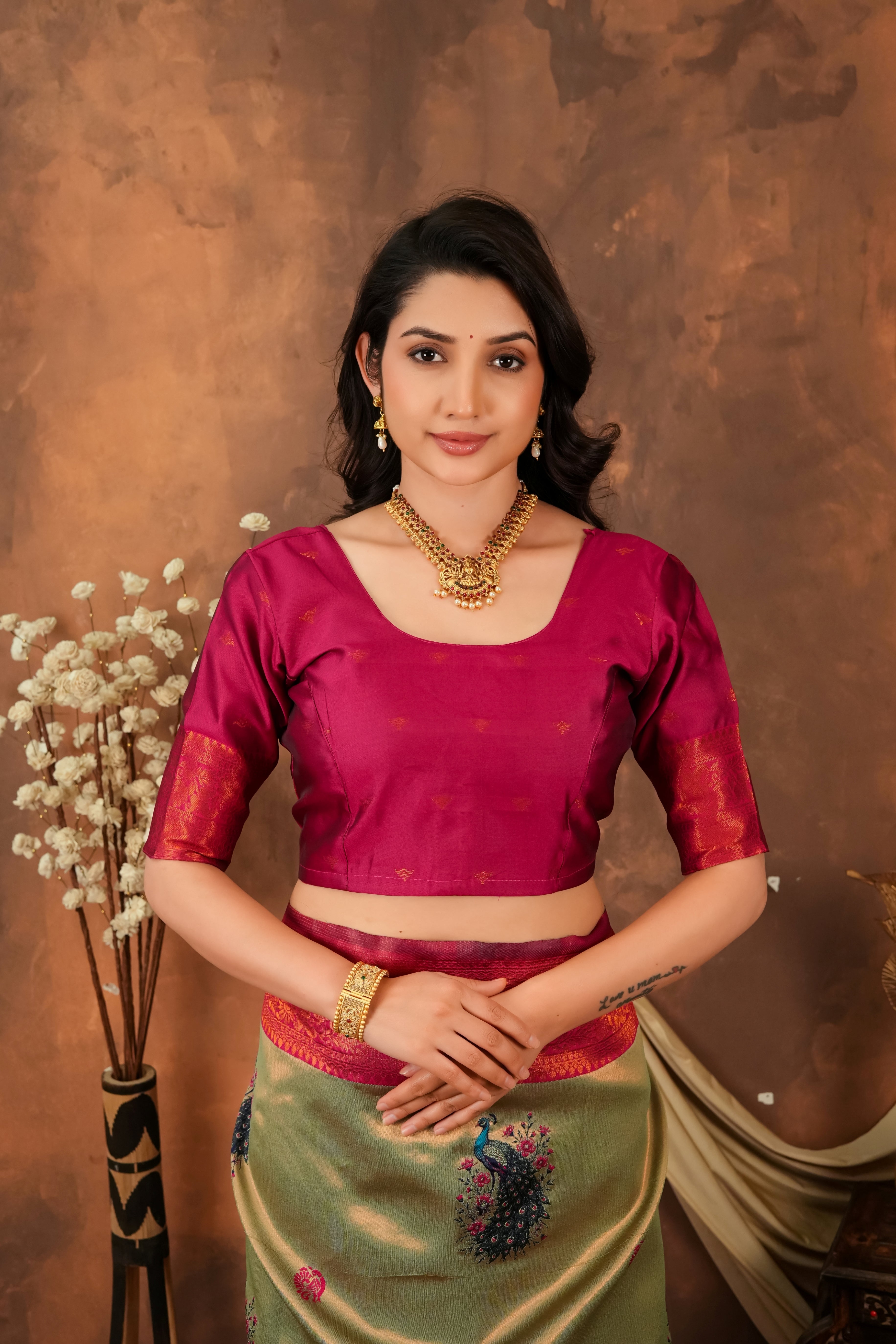 Olive Green & Ruby Red Peacock Motif Jacquard Silk Saree