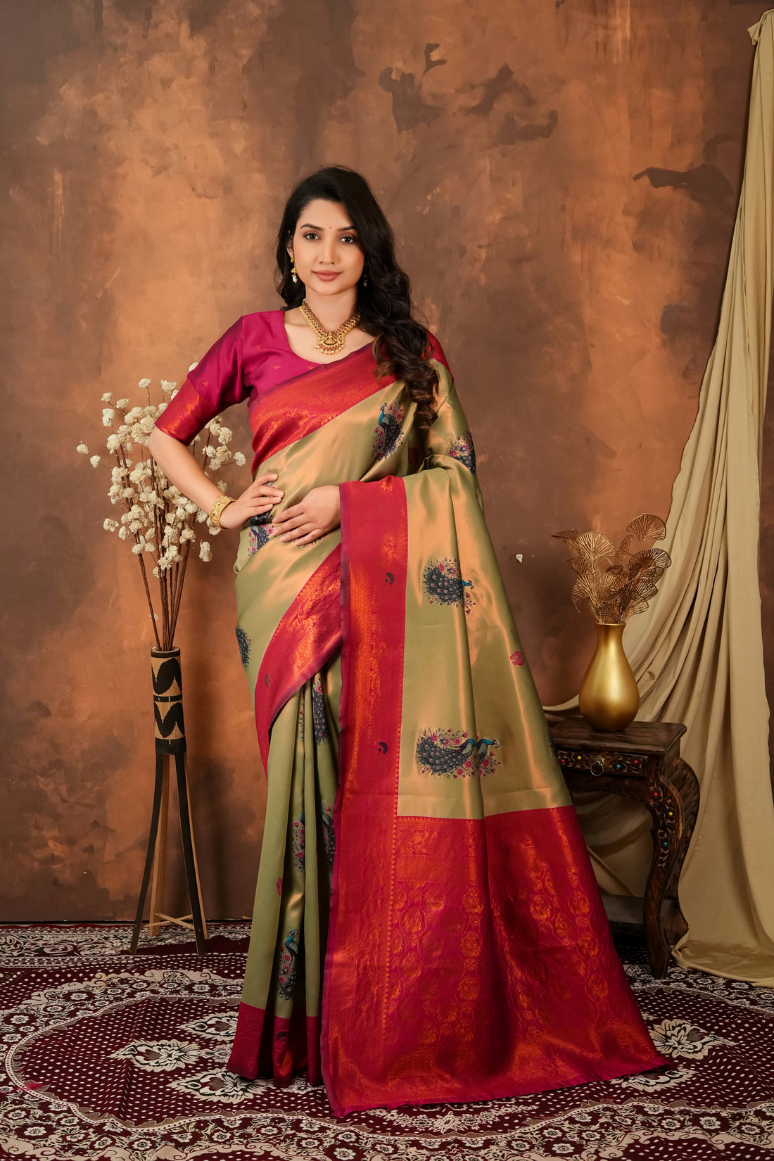 Olive Green & Ruby Red Peacock Motif Jacquard Silk Saree