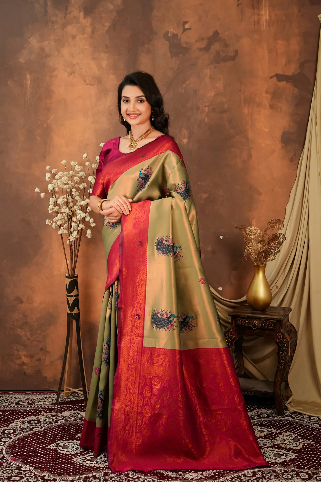 Olive Green & Ruby Red Peacock Motif Jacquard Silk Saree