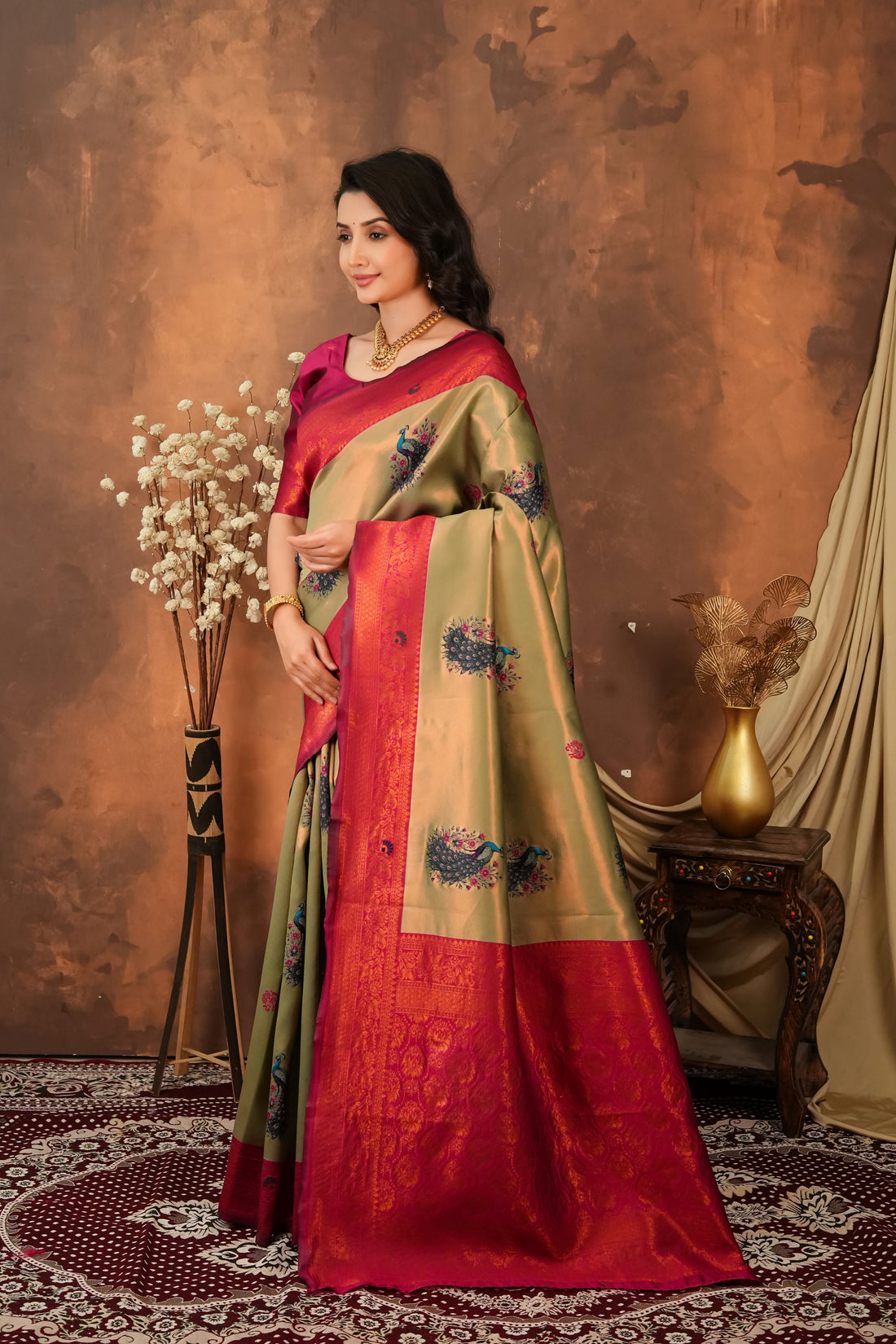 Olive Green & Ruby Red Peacock Motif Jacquard Silk Saree