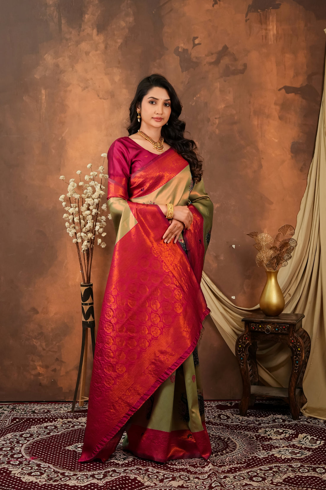 Olive Green & Ruby Red Peacock Motif Jacquard Silk Saree