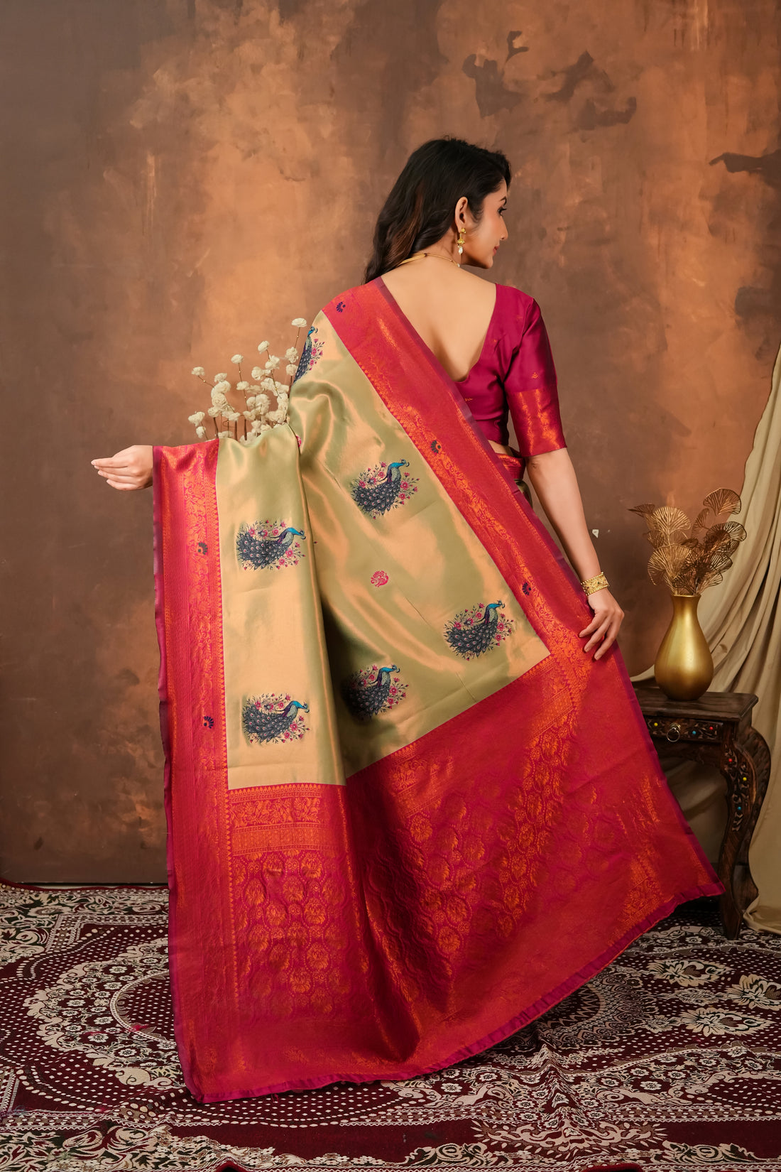 Olive Green & Ruby Red Peacock Motif Jacquard Silk Saree