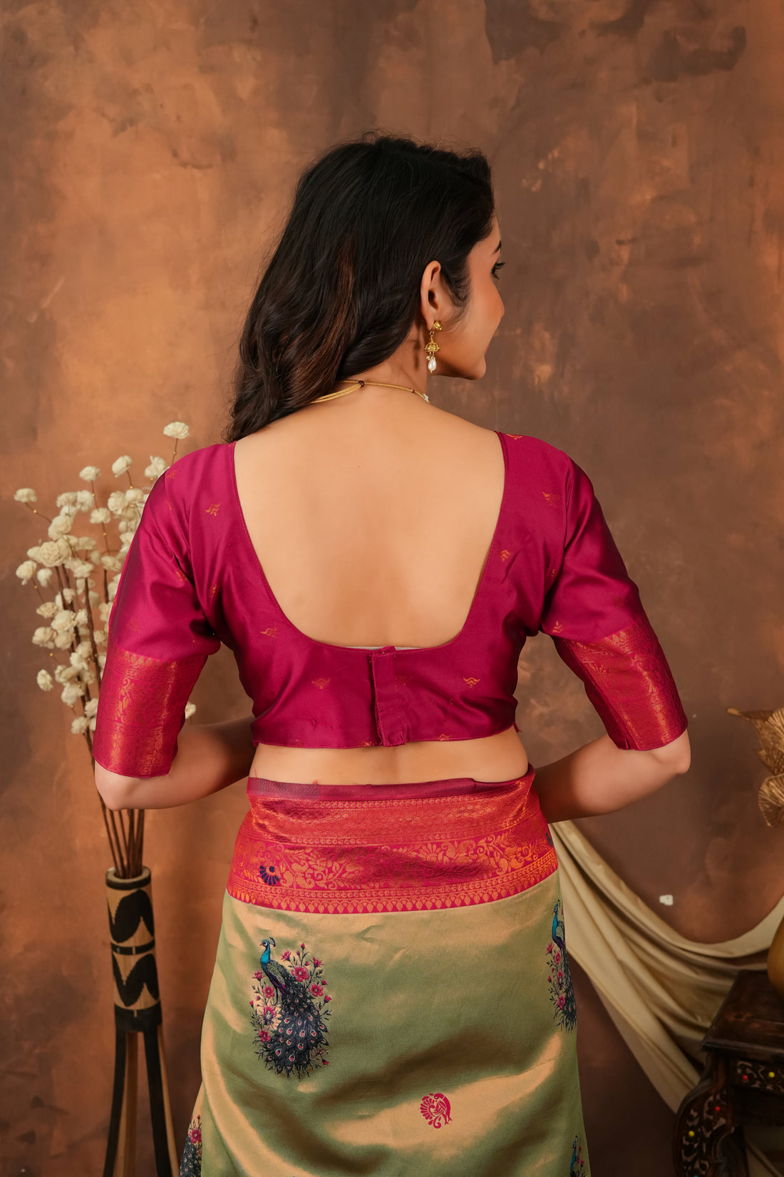 Olive Green & Ruby Red Peacock Motif Jacquard Silk Saree