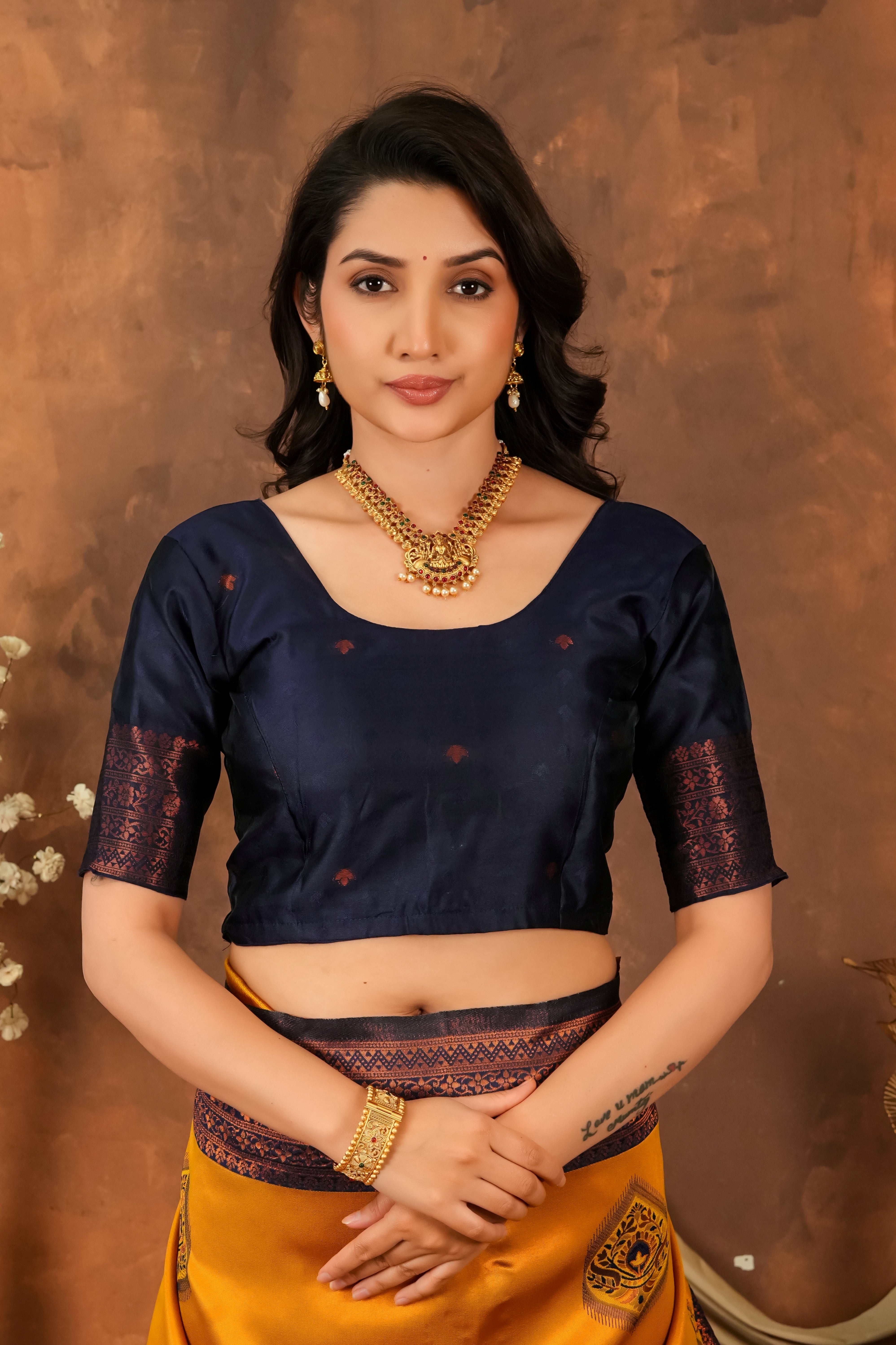 Mustard Yellow & Navy Blue Jacquard Silk Saree with Rich Woven Pallu