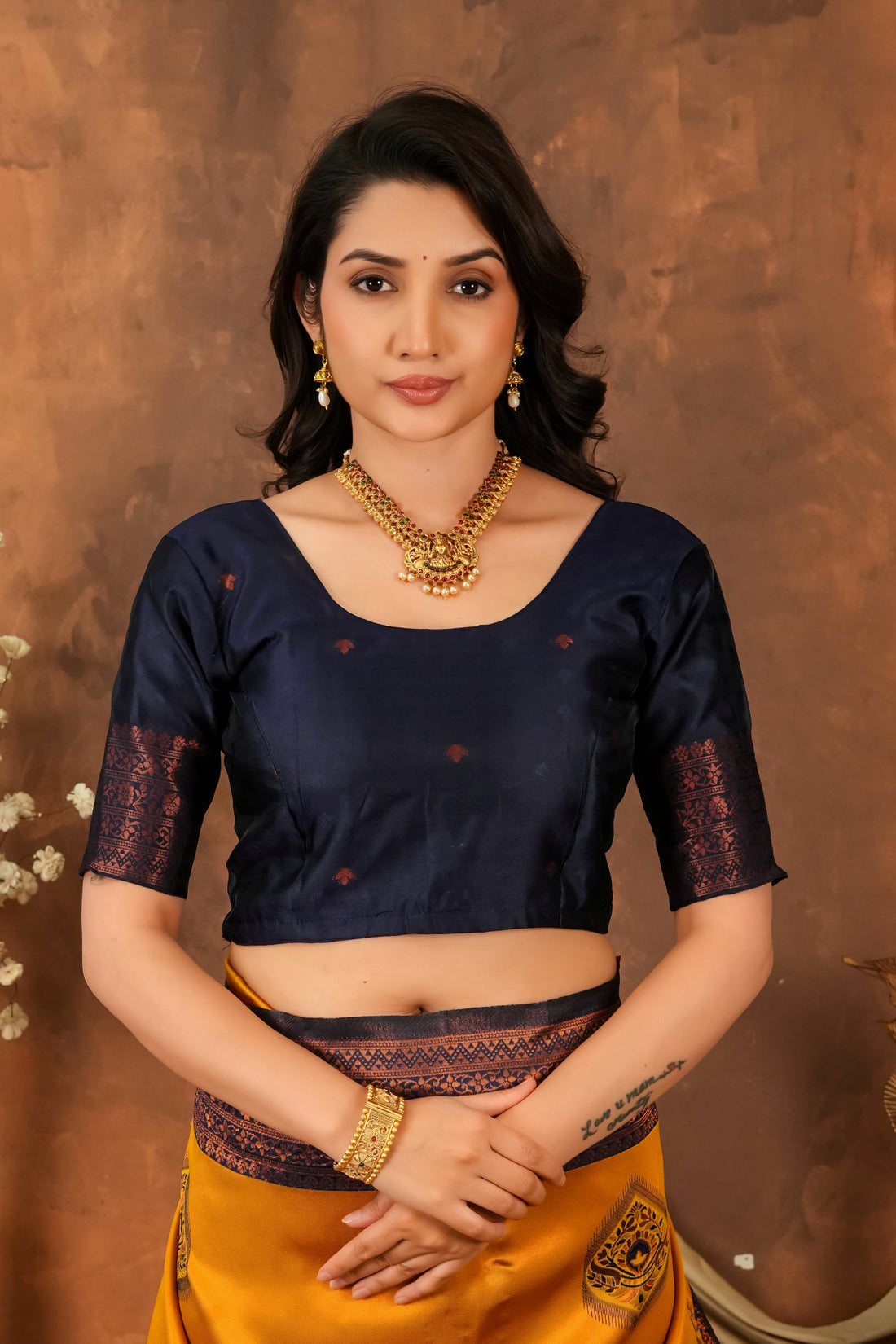 Mustard Yellow & Navy Blue Jacquard Silk Saree with Rich Woven Pallu