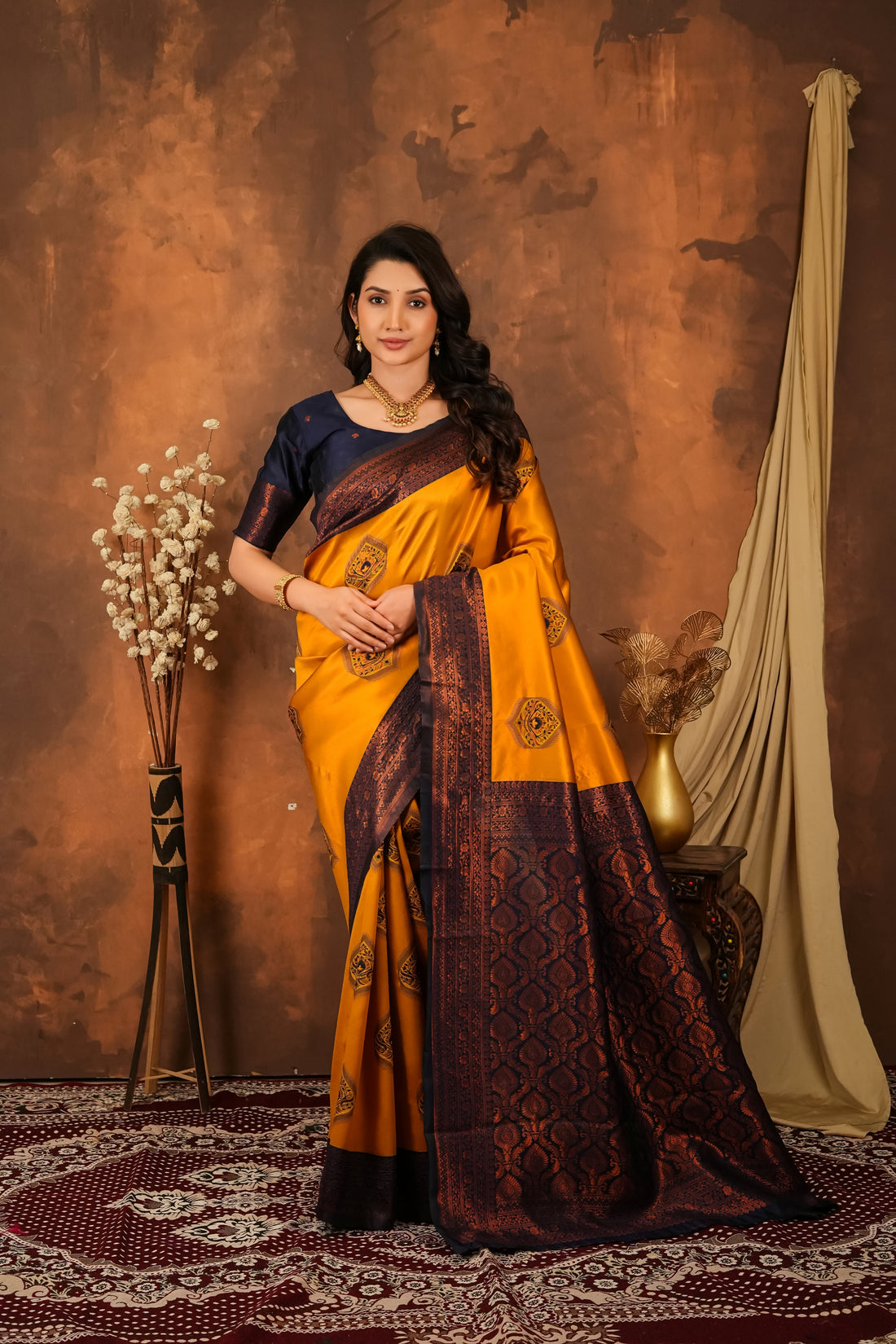 Mustard Yellow & Navy Blue Jacquard Silk Saree with Rich Woven Pallu