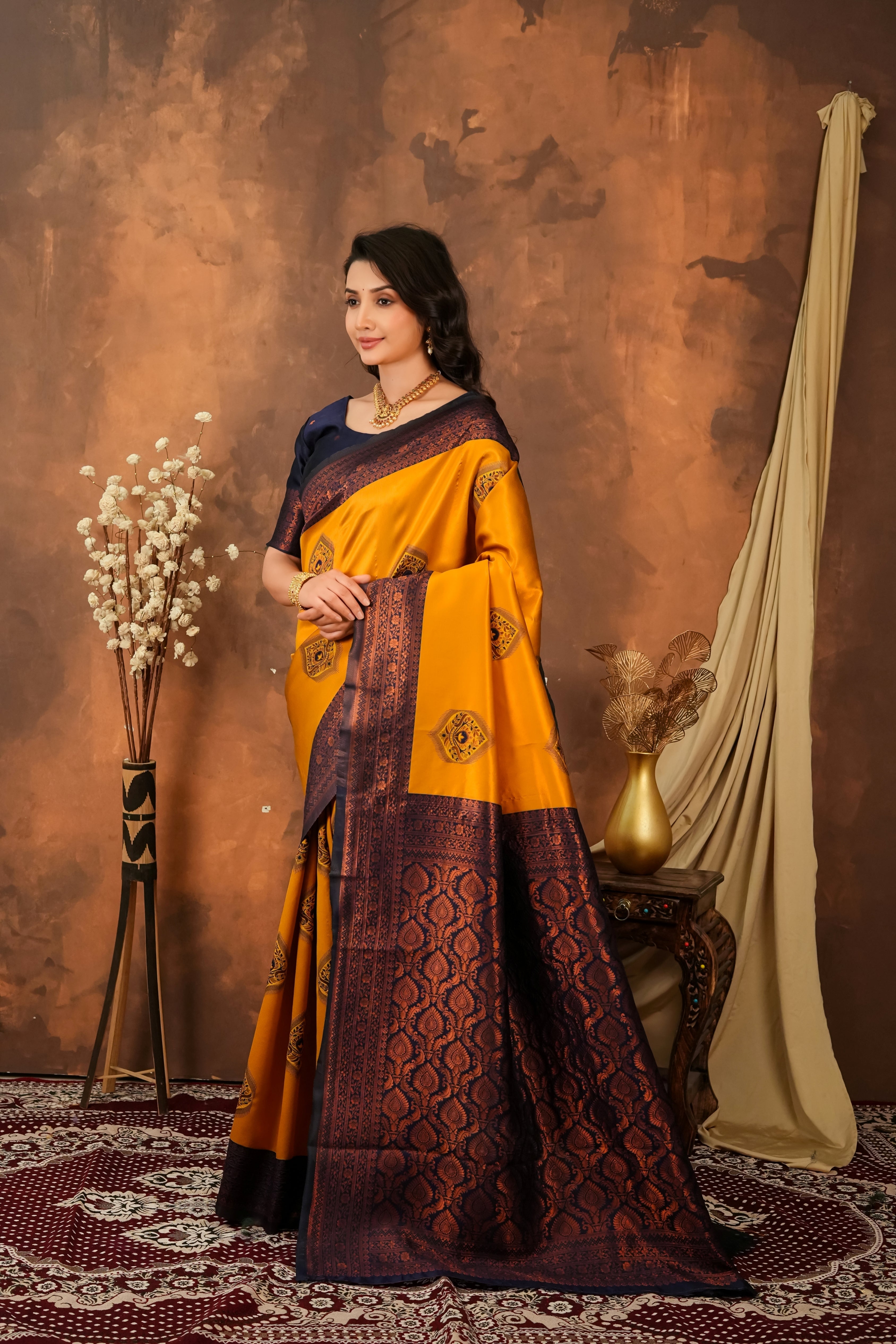 Mustard Yellow & Navy Blue Jacquard Silk Saree with Rich Woven Pallu