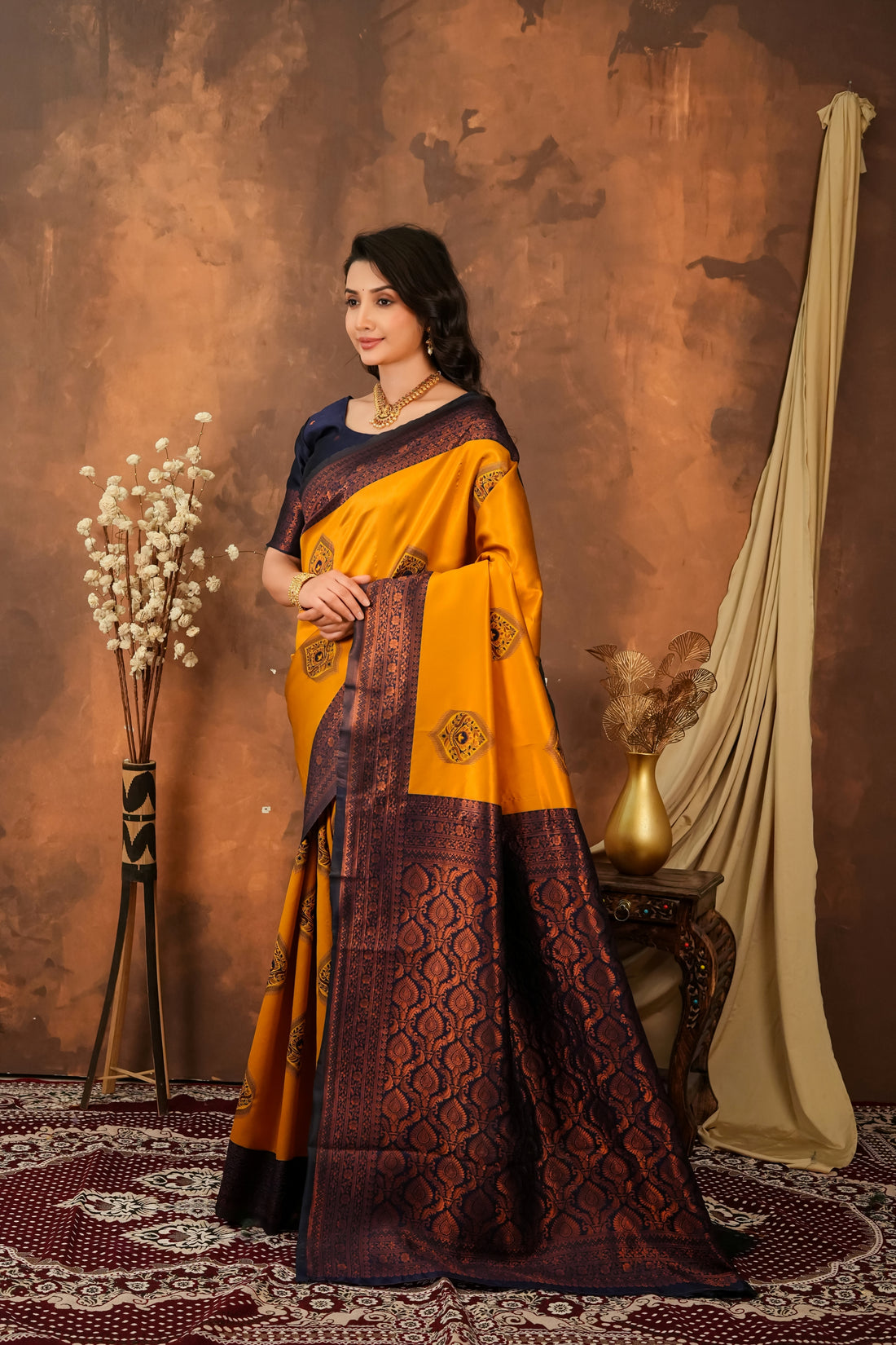 Mustard Yellow & Navy Blue Jacquard Silk Saree with Rich Woven Pallu