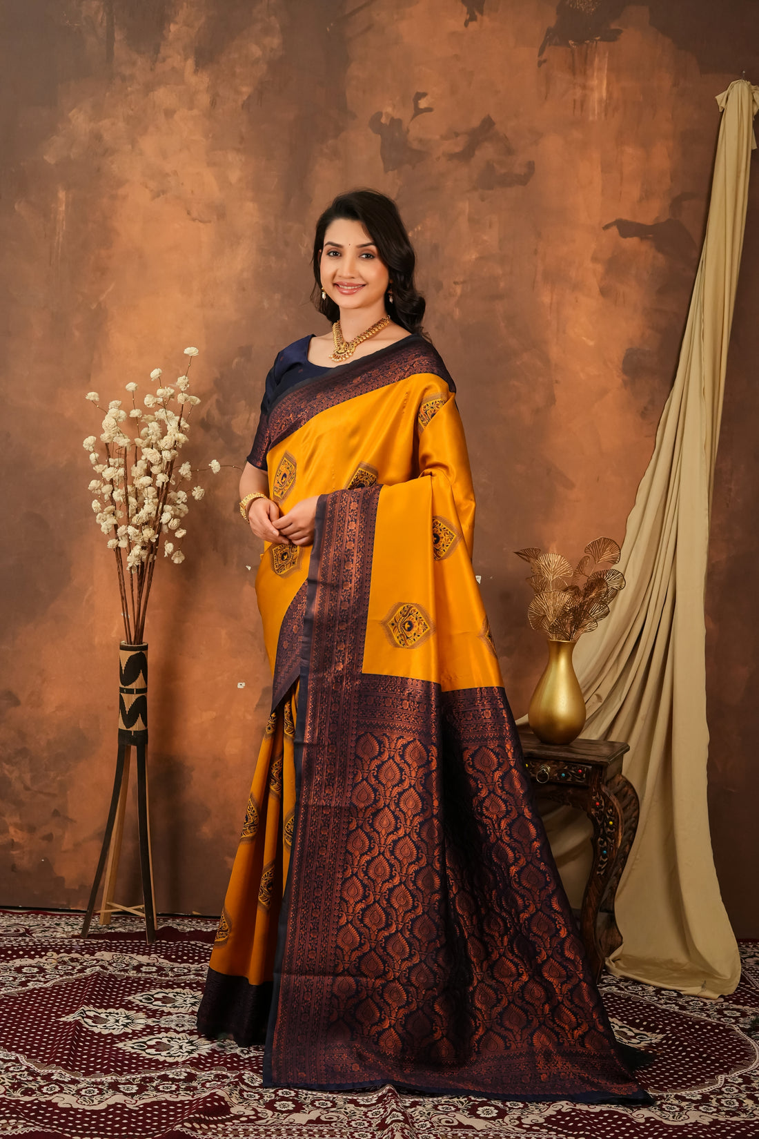 Mustard Yellow & Navy Blue Jacquard Silk Saree with Rich Woven Pallu