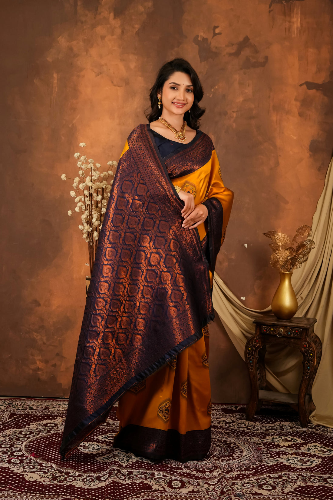 Mustard Yellow & Navy Blue Jacquard Silk Saree with Rich Woven Pallu