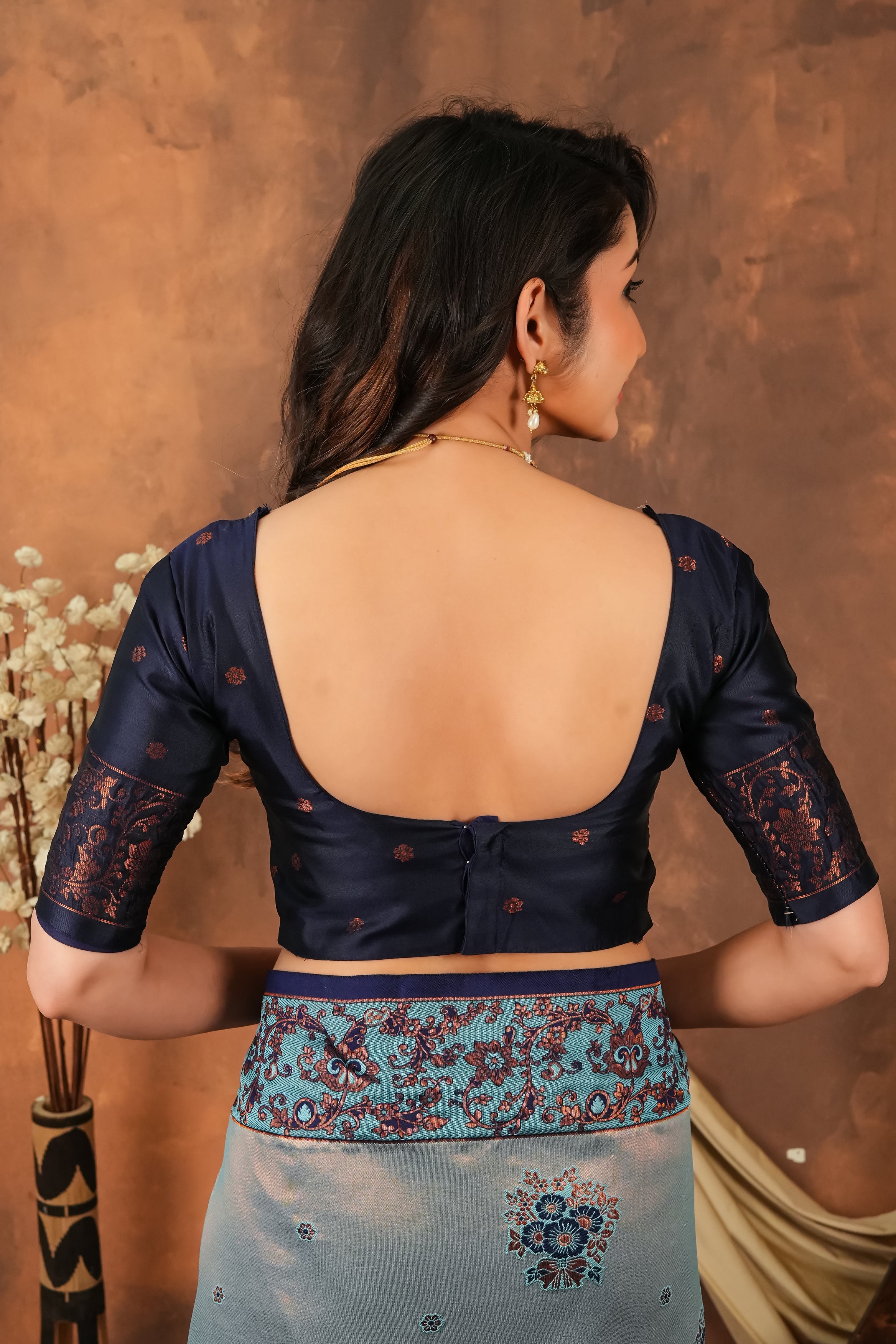 Steel Grey & Navy Blue Jacquard Silk Saree