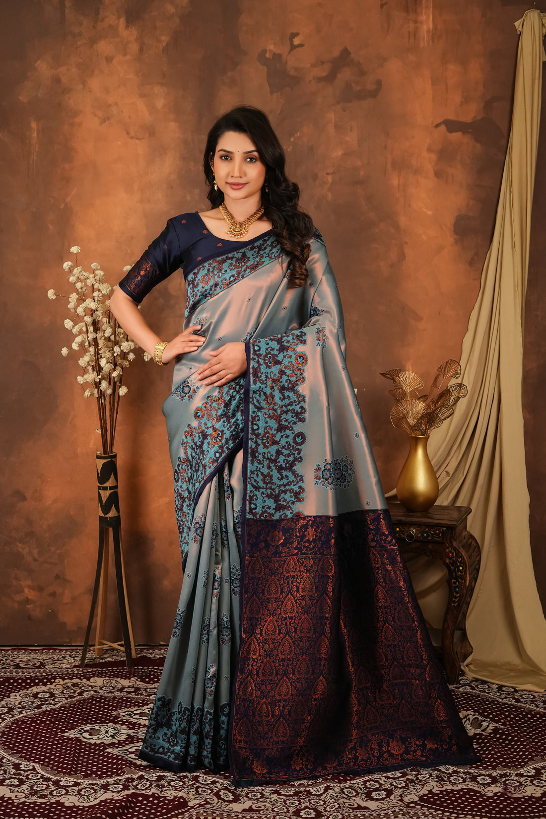 Steel Grey & Navy Blue Jacquard Silk Saree