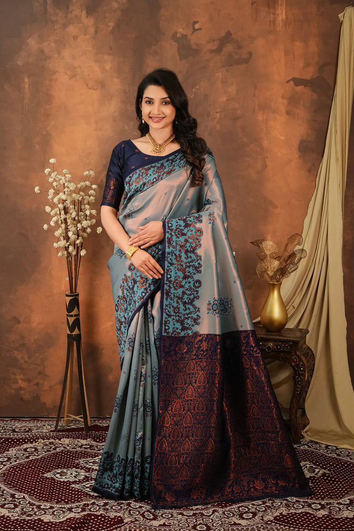 Steel Grey & Navy Blue Jacquard Silk Saree