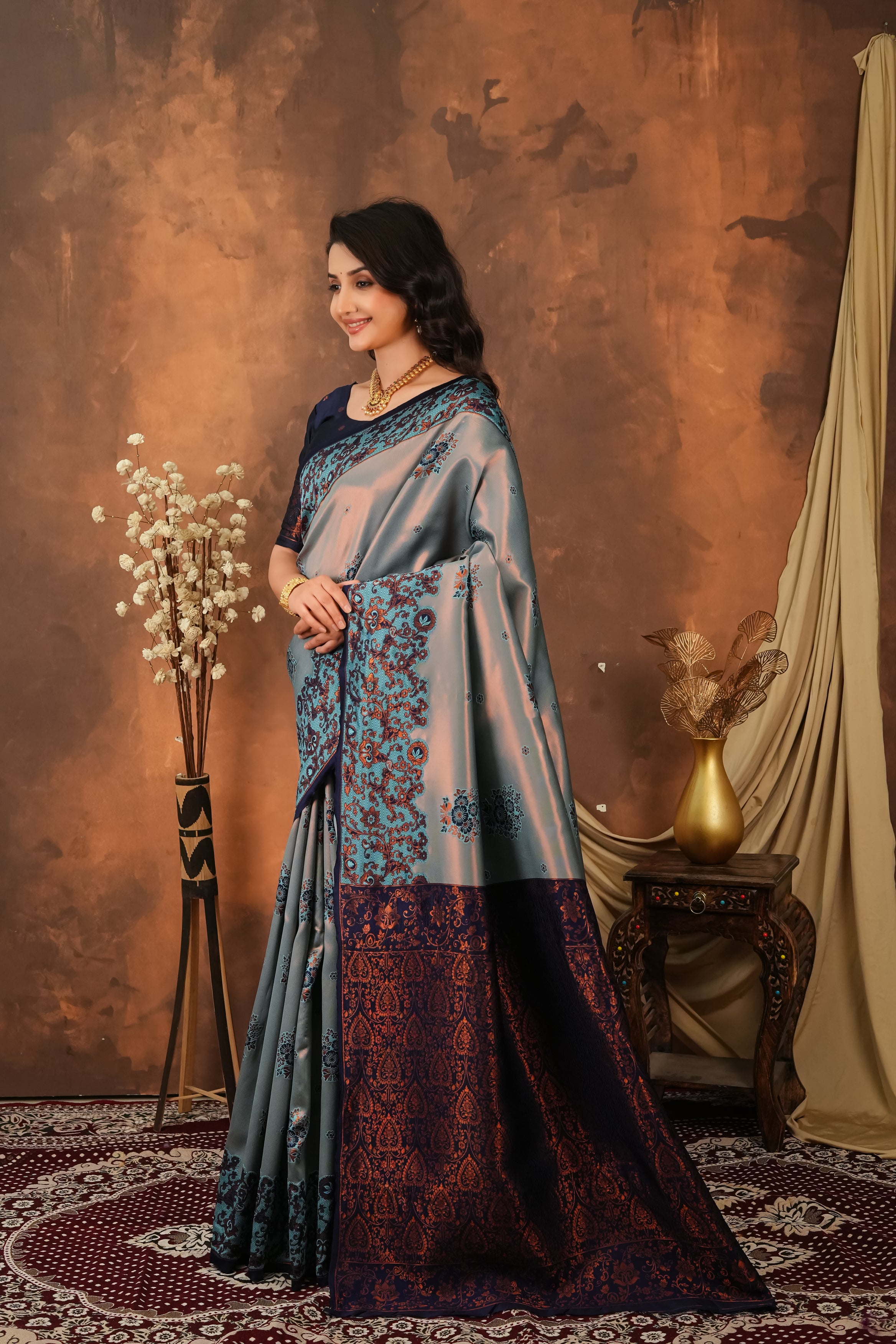 Steel Grey & Navy Blue Jacquard Silk Saree