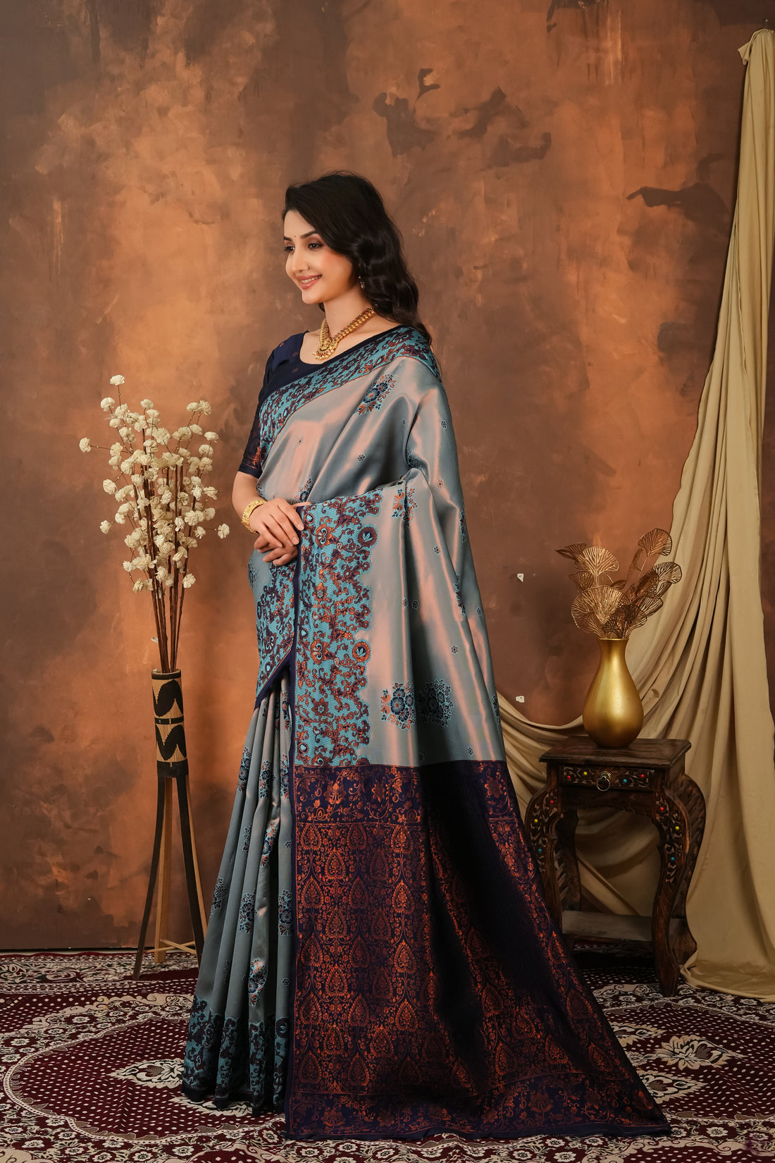 Steel Grey & Navy Blue Jacquard Silk Saree
