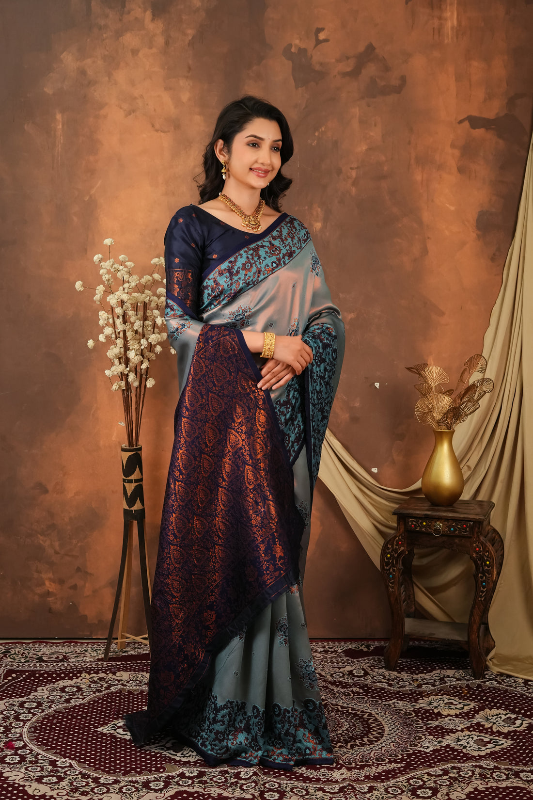 Steel Grey & Navy Blue Jacquard Silk Saree