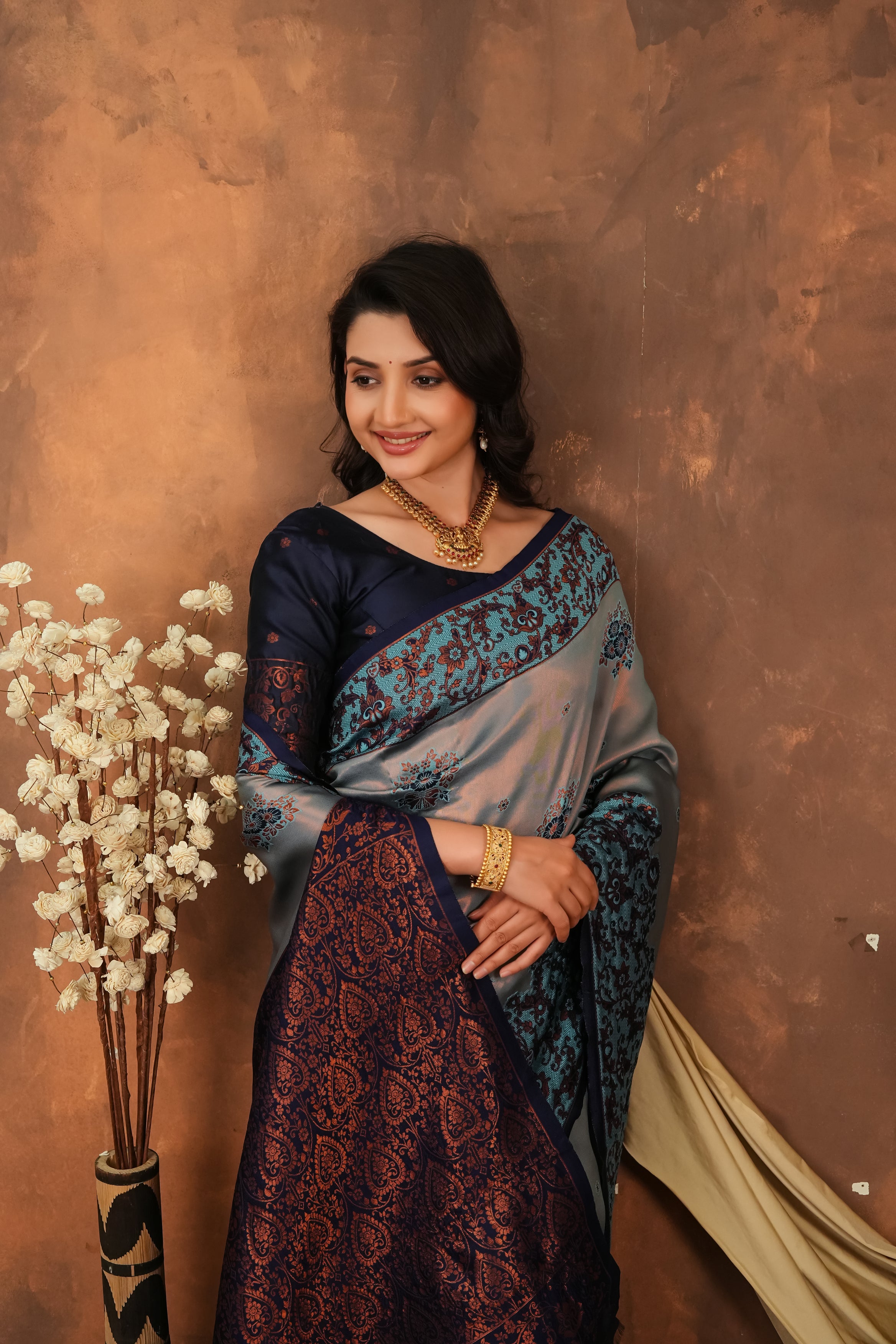 Steel Grey & Navy Blue Jacquard Silk Saree