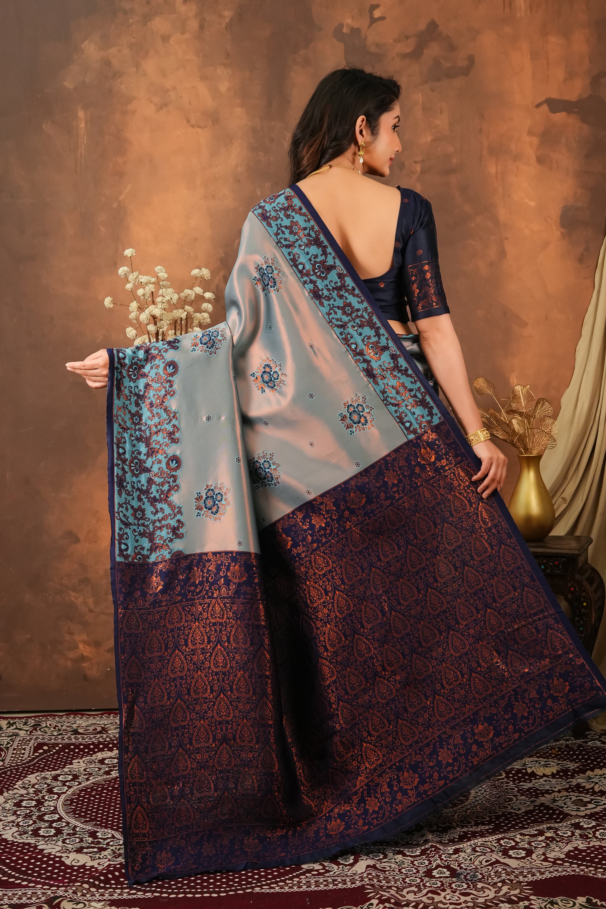 Steel Grey & Navy Blue Jacquard Silk Saree