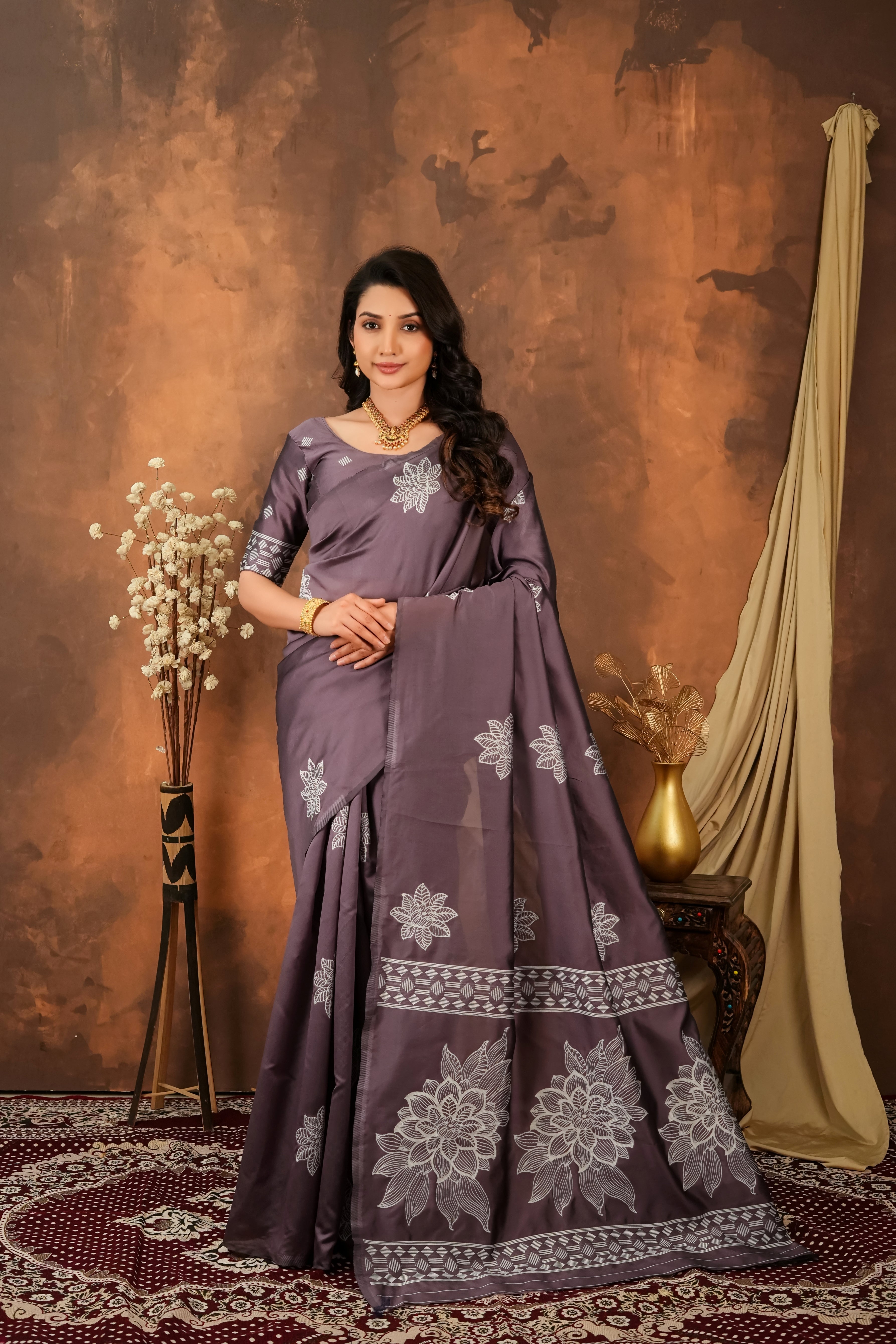 Smoky Mauve & Silver Jacquard Silk Saree with Floral Motifs