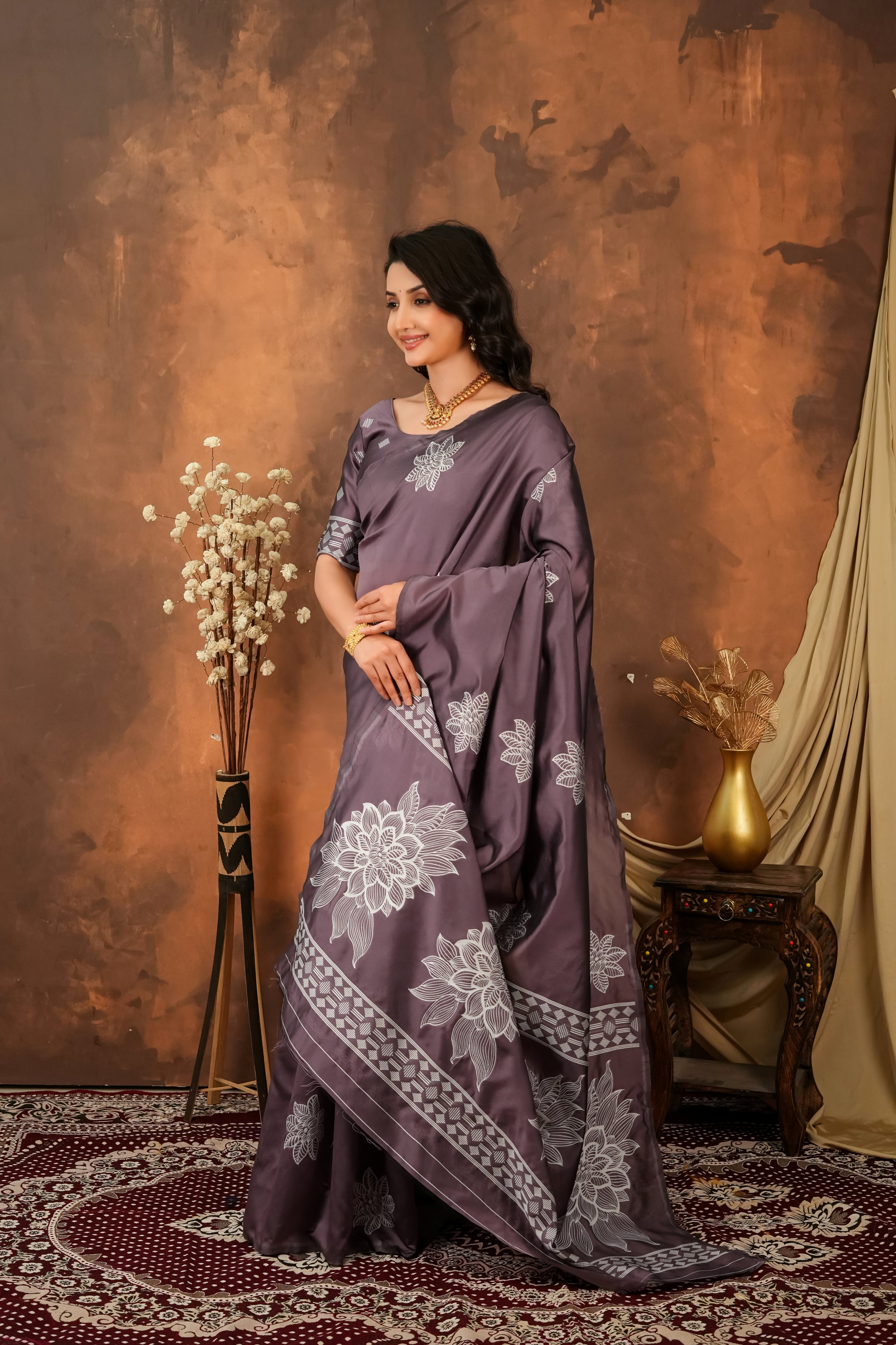 Smoky Mauve & Silver Jacquard Silk Saree with Floral Motifs