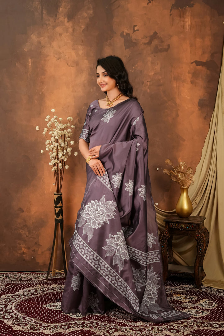 Smoky Mauve & Silver Jacquard Silk Saree with Floral Motifs