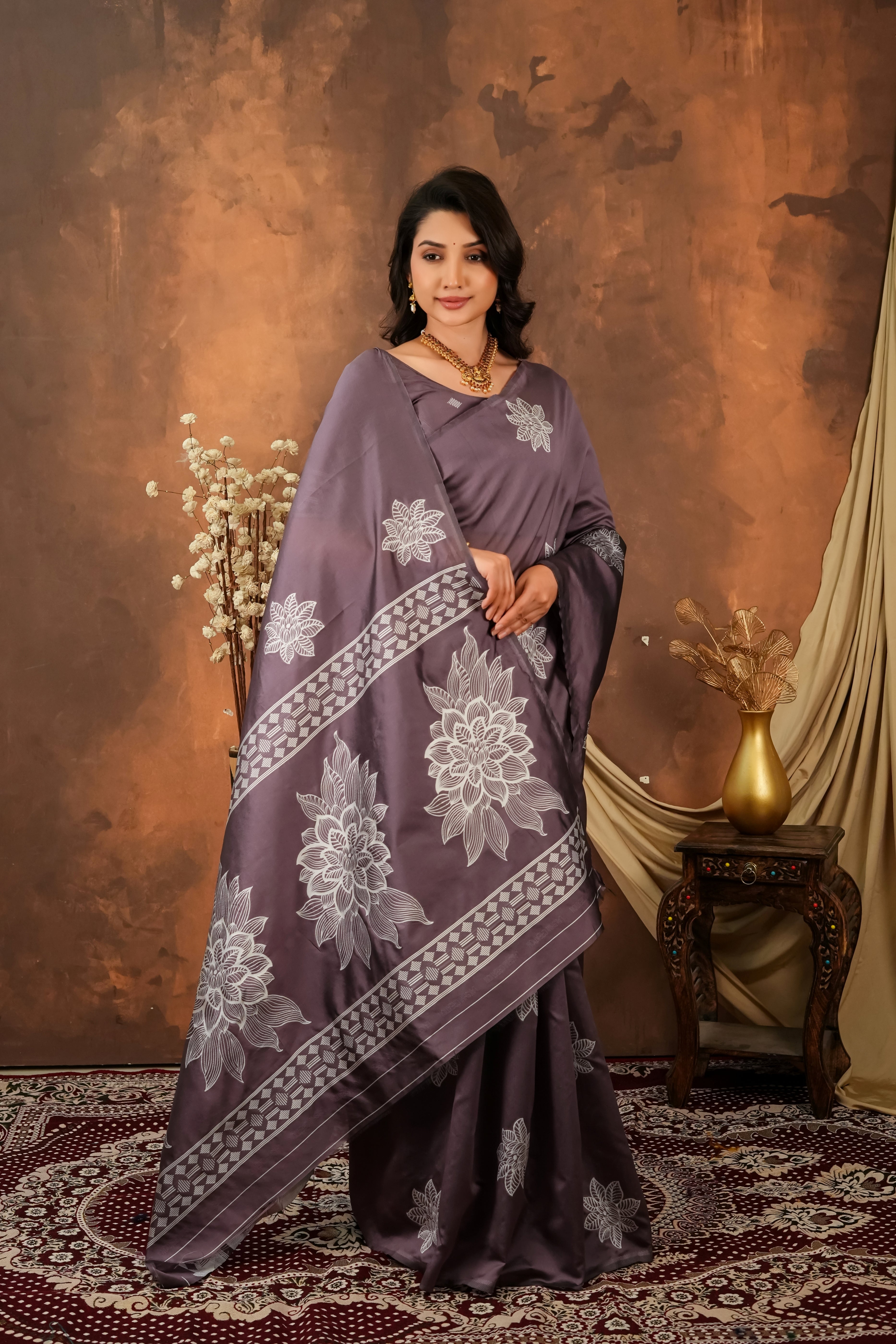 Smoky Mauve & Silver Jacquard Silk Saree with Floral Motifs