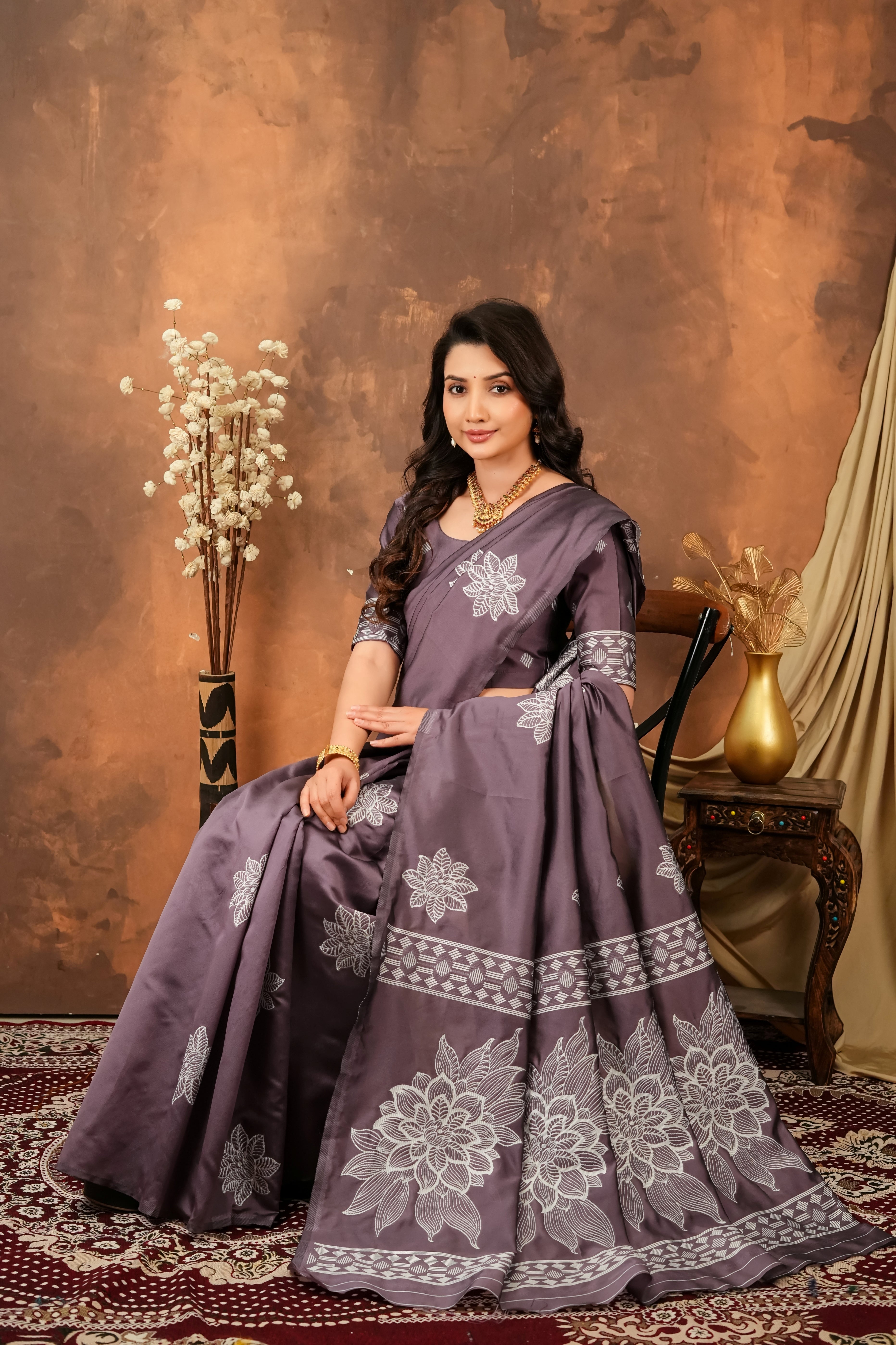 Smoky Mauve & Silver Jacquard Silk Saree with Floral Motifs