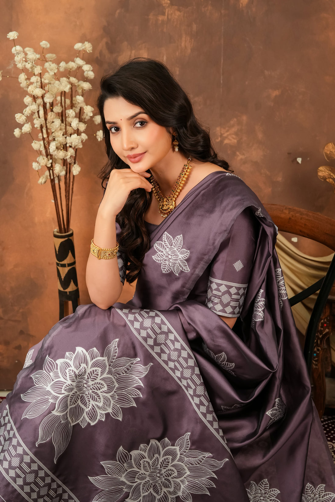 Smoky Mauve & Silver Jacquard Silk Saree with Floral Motifs