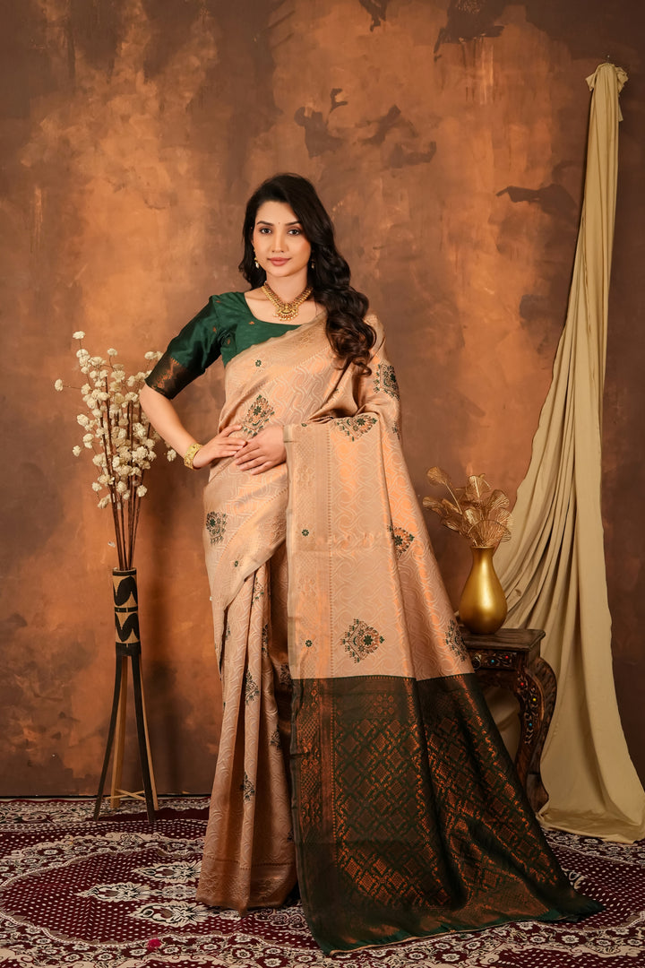 Champagne Beige & Bottle Green Floral Motifs Jacquard Silk Saree
