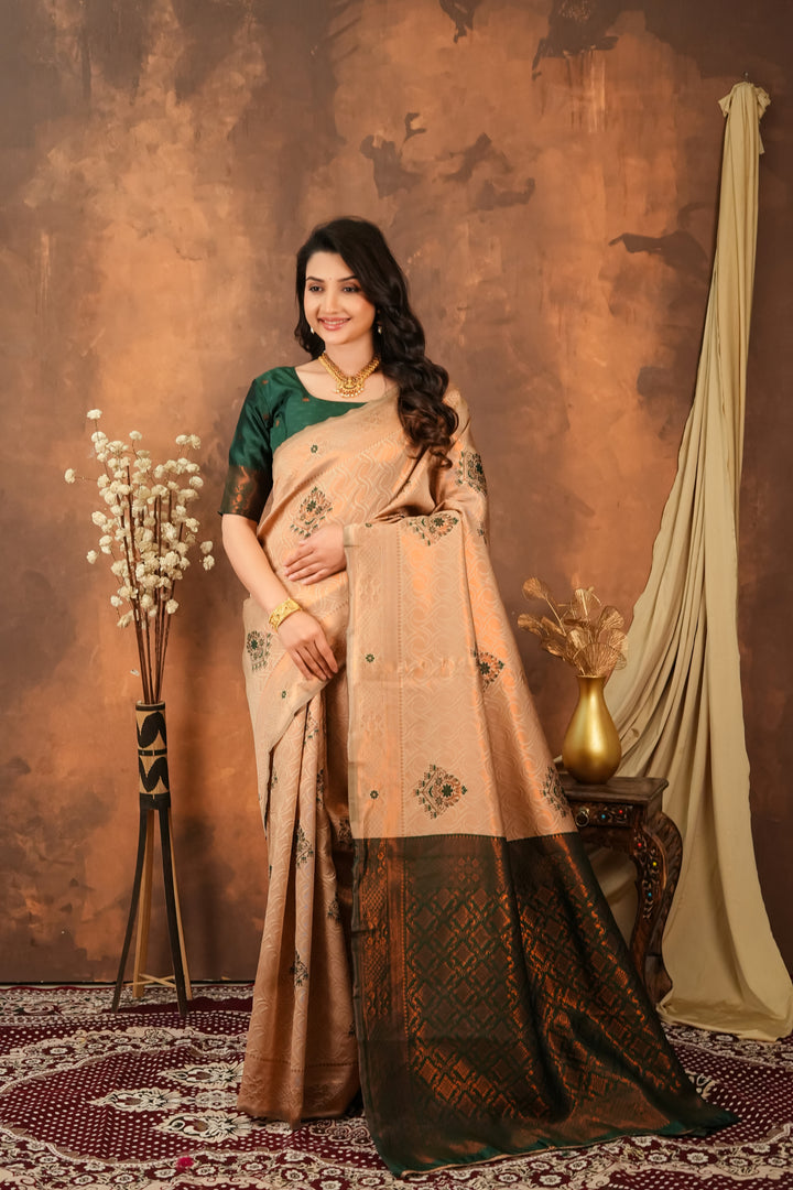 Champagne Beige & Bottle Green Floral Motifs Jacquard Silk Saree