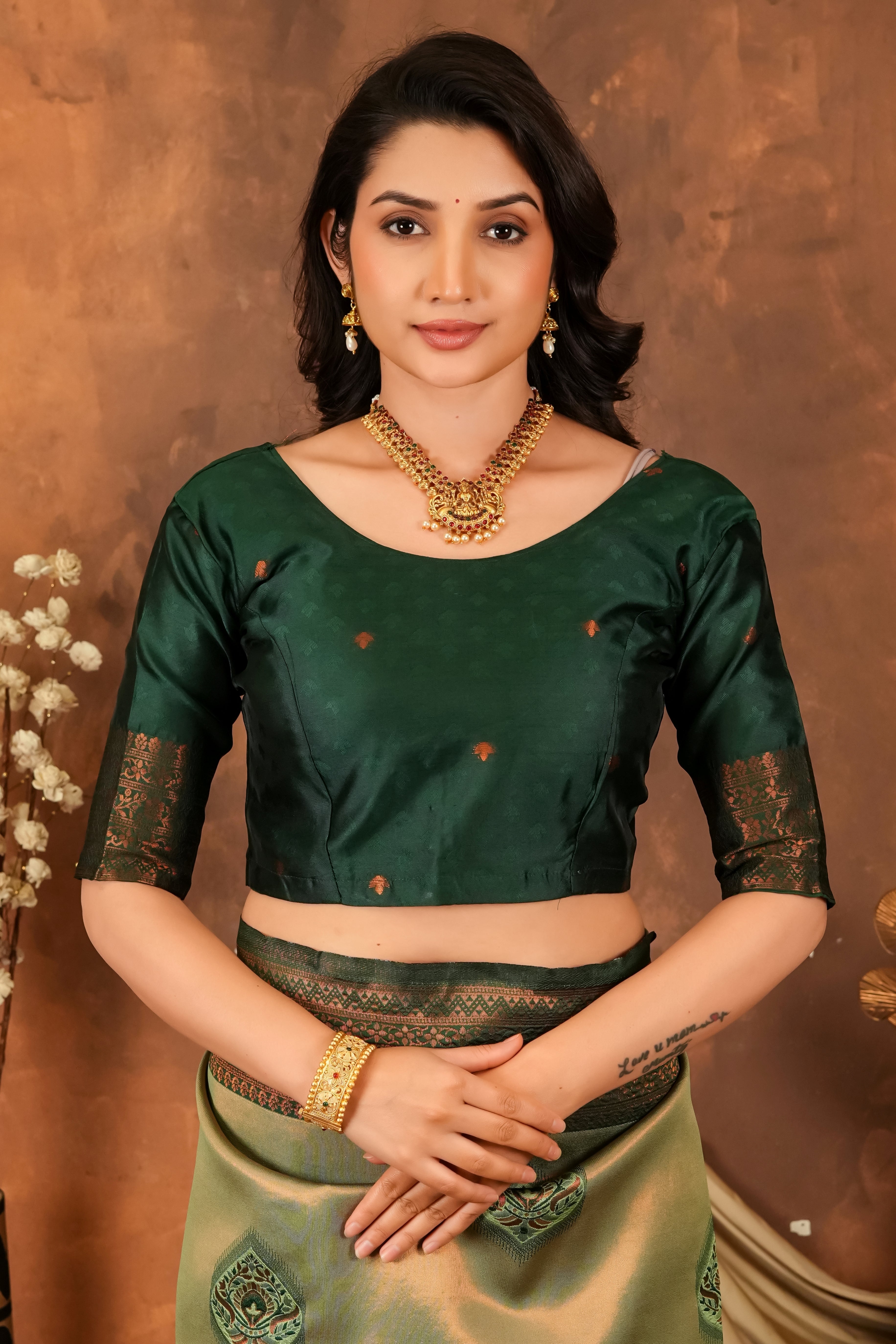 Olive Green & Deep Forest Jacquard Silk Saree with Antique Zari Pallu