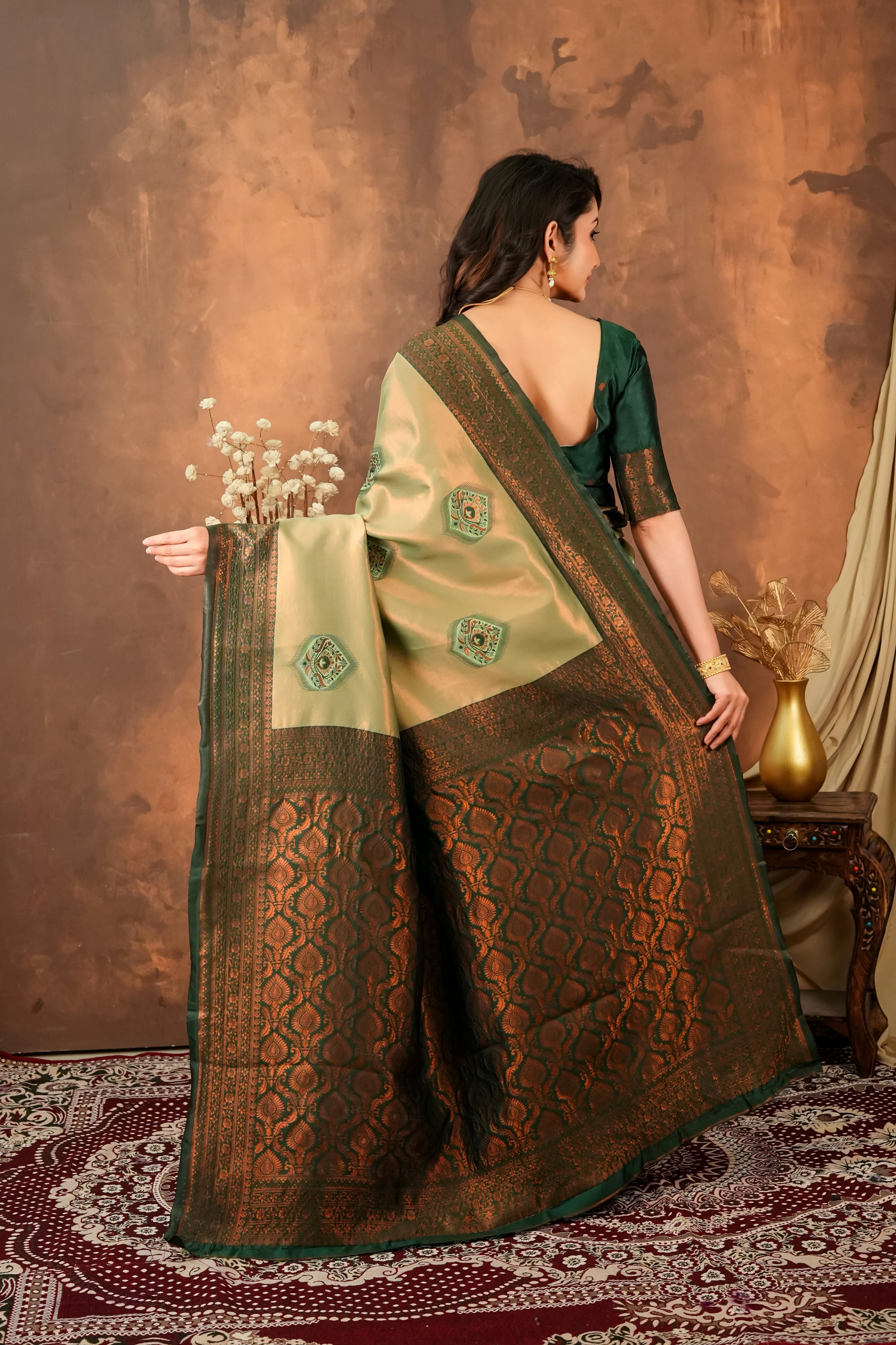 Olive Green & Deep Forest Jacquard Silk Saree with Antique Zari Pallu