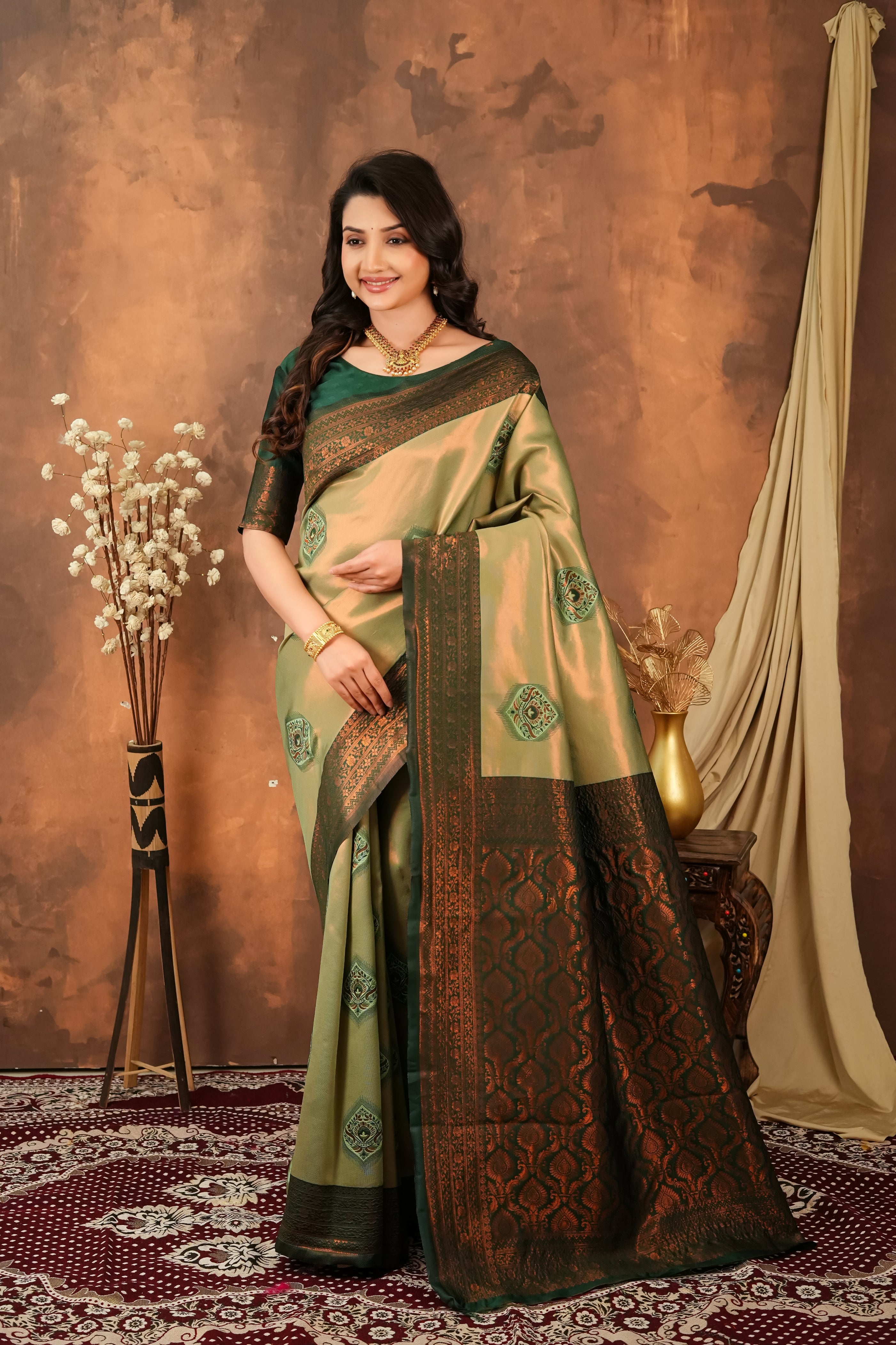 Olive Green & Deep Forest Jacquard Silk Saree with Antique Zari Pallu