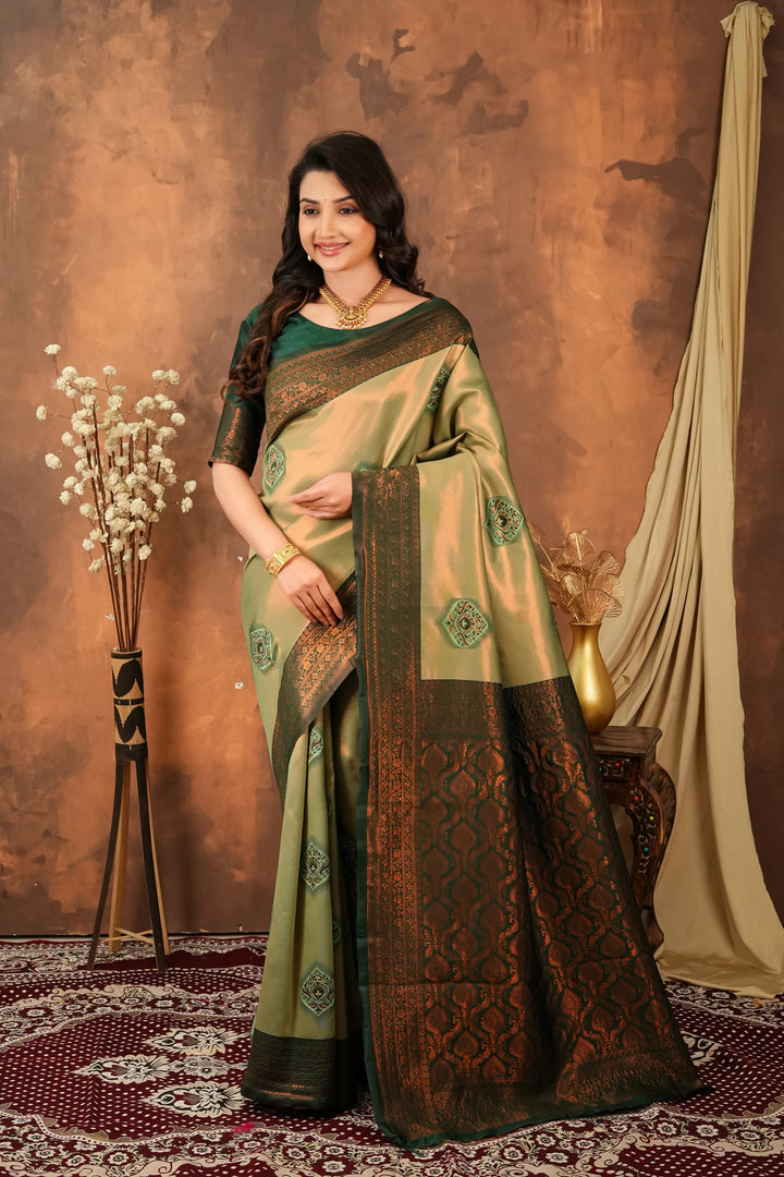 Olive Green & Deep Forest Jacquard Silk Saree with Antique Zari Pallu