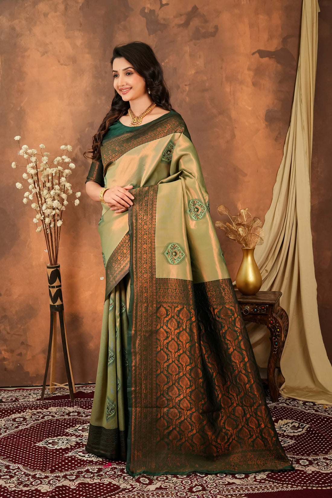 Olive Green & Deep Forest Jacquard Silk Saree with Antique Zari Pallu