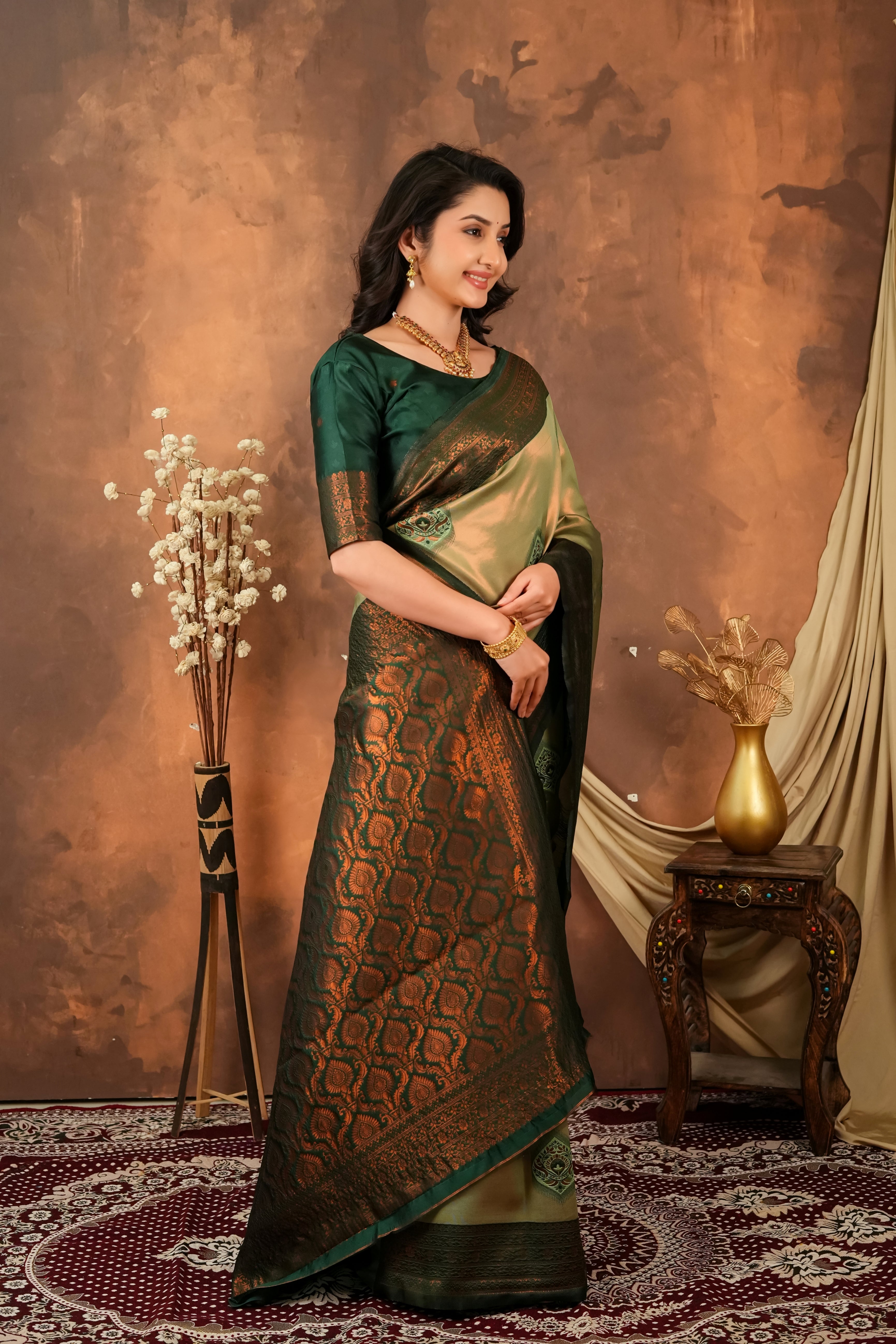 Olive Green & Deep Forest Jacquard Silk Saree with Antique Zari Pallu