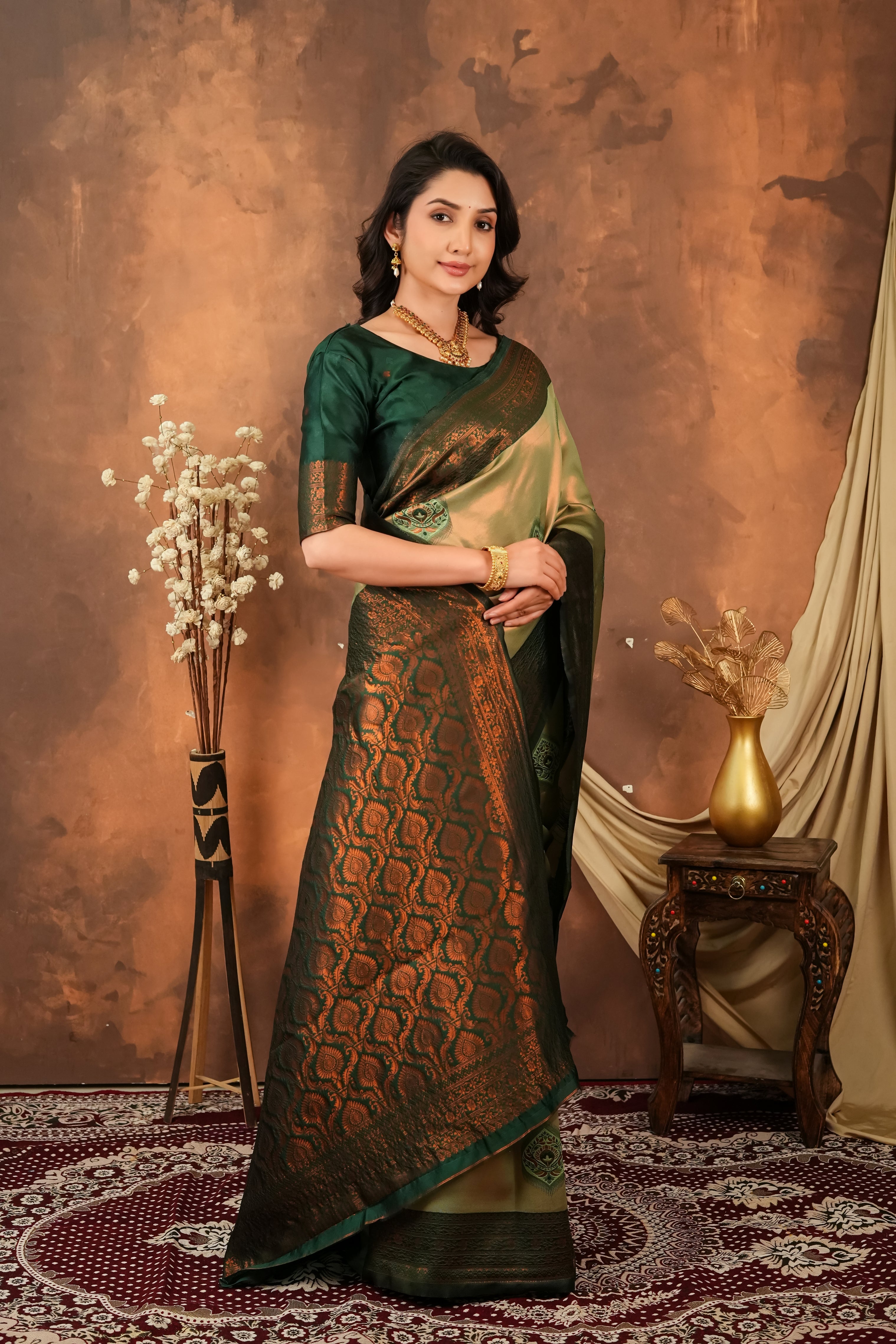 Olive Green & Deep Forest Jacquard Silk Saree with Antique Zari Pallu