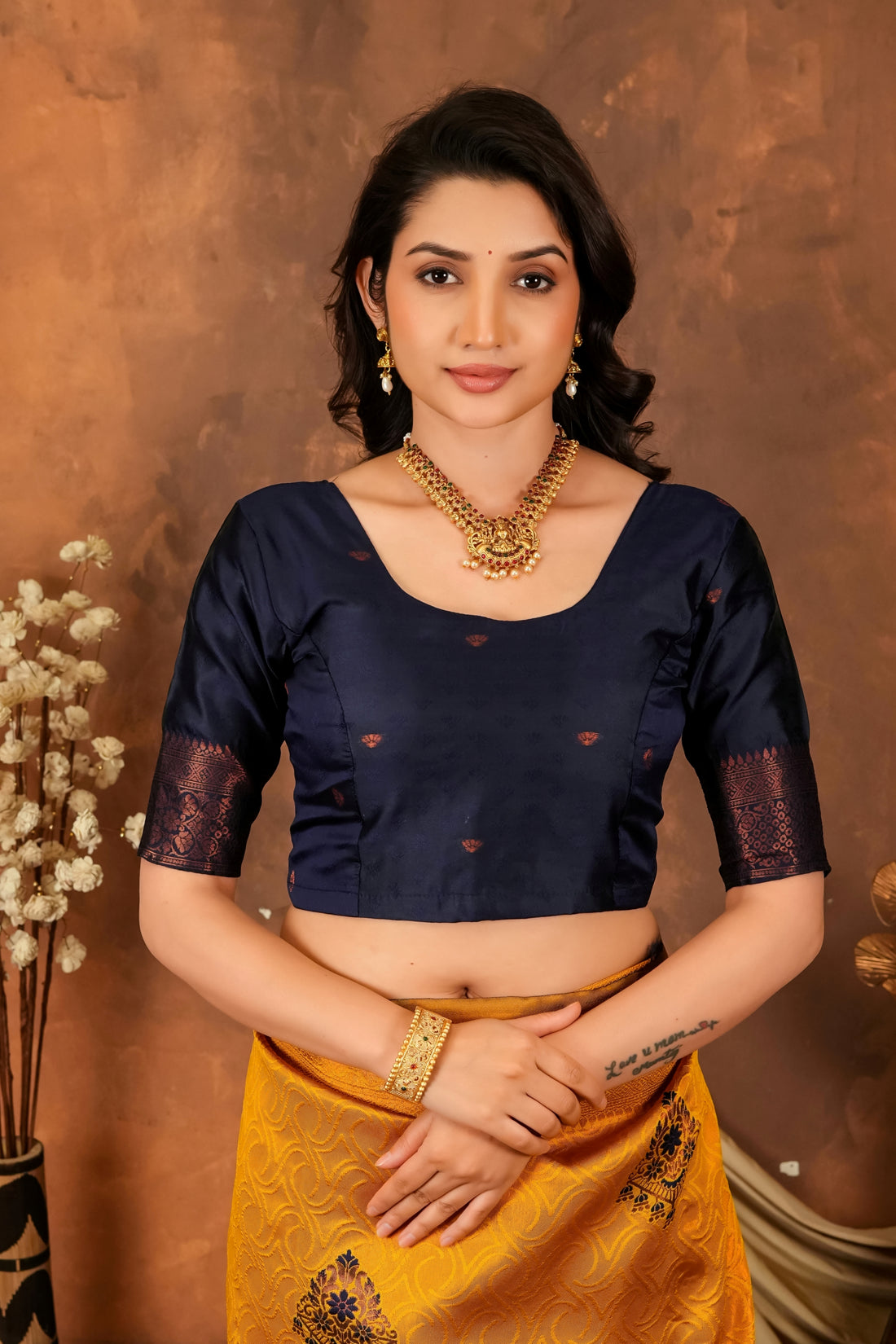 Mustard Gold & Navy Blue Floral Motifs Jacquard Silk Saree
