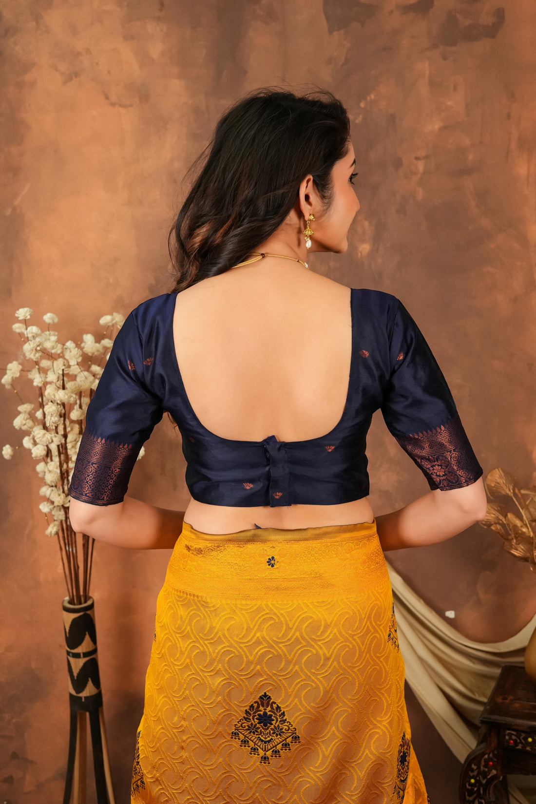Mustard Gold & Navy Blue Floral Motifs Jacquard Silk Saree