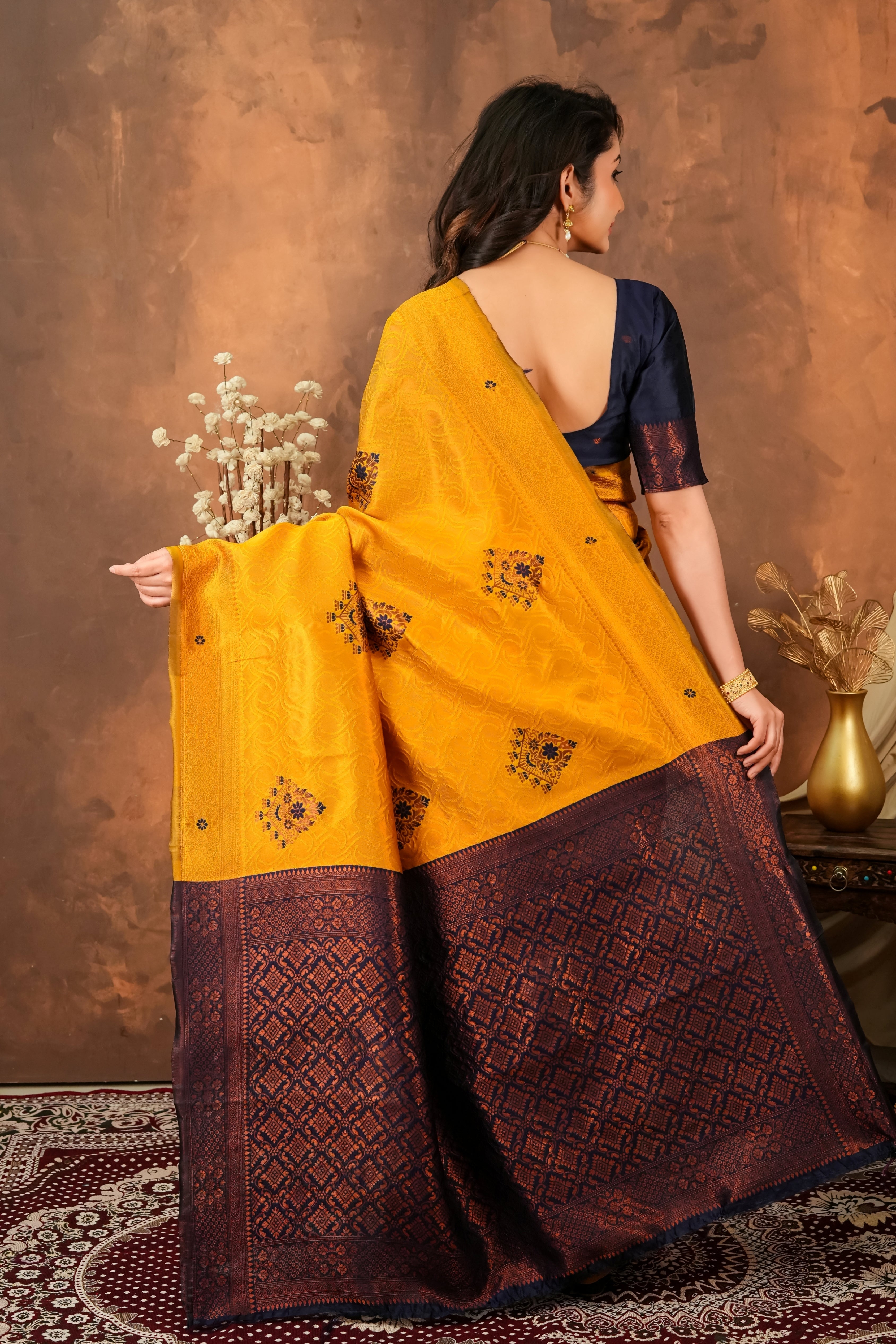 Mustard Gold & Navy Blue Floral Motifs Jacquard Silk Saree