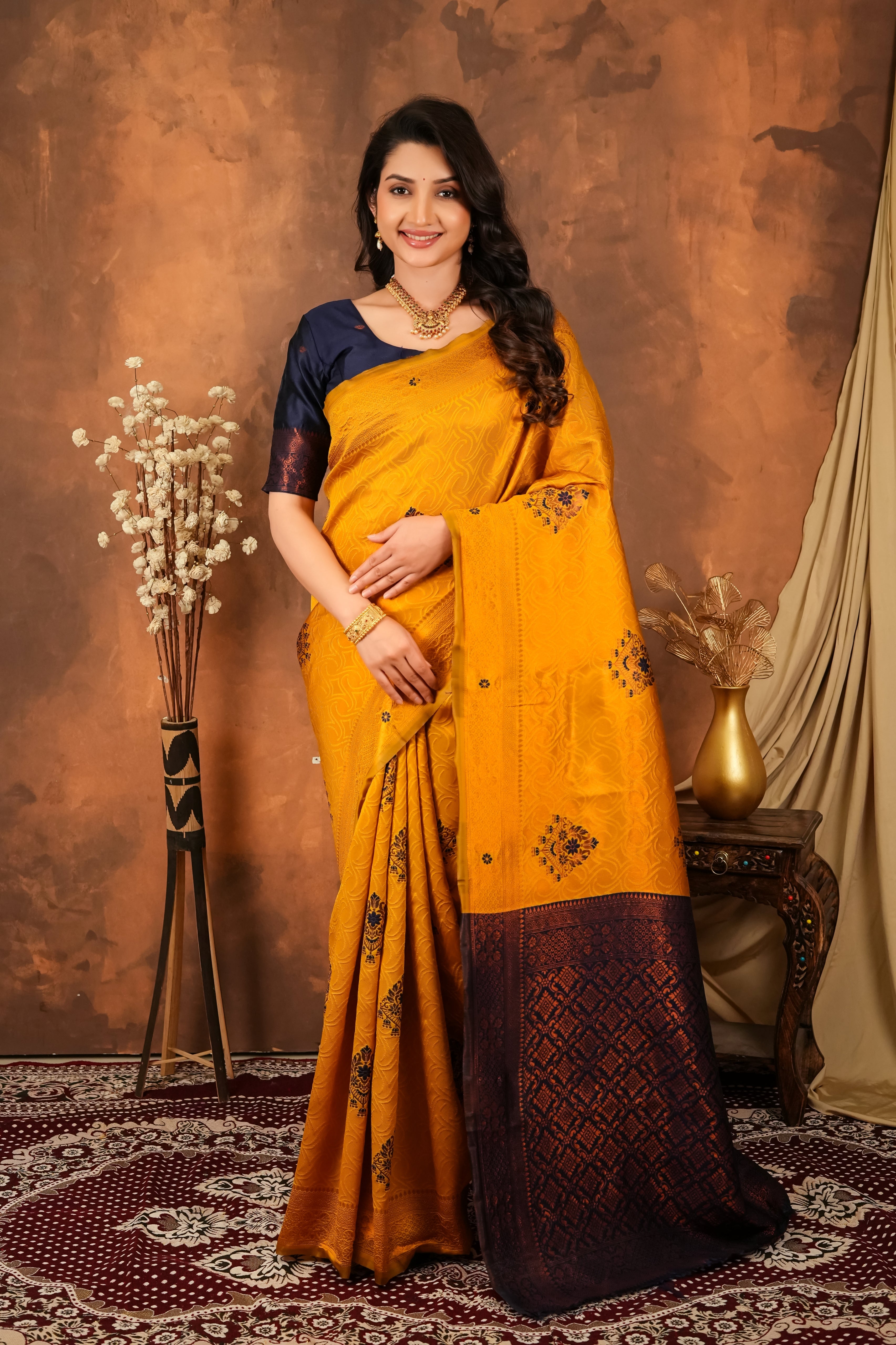Mustard Gold & Navy Blue Floral Motifs Jacquard Silk Saree