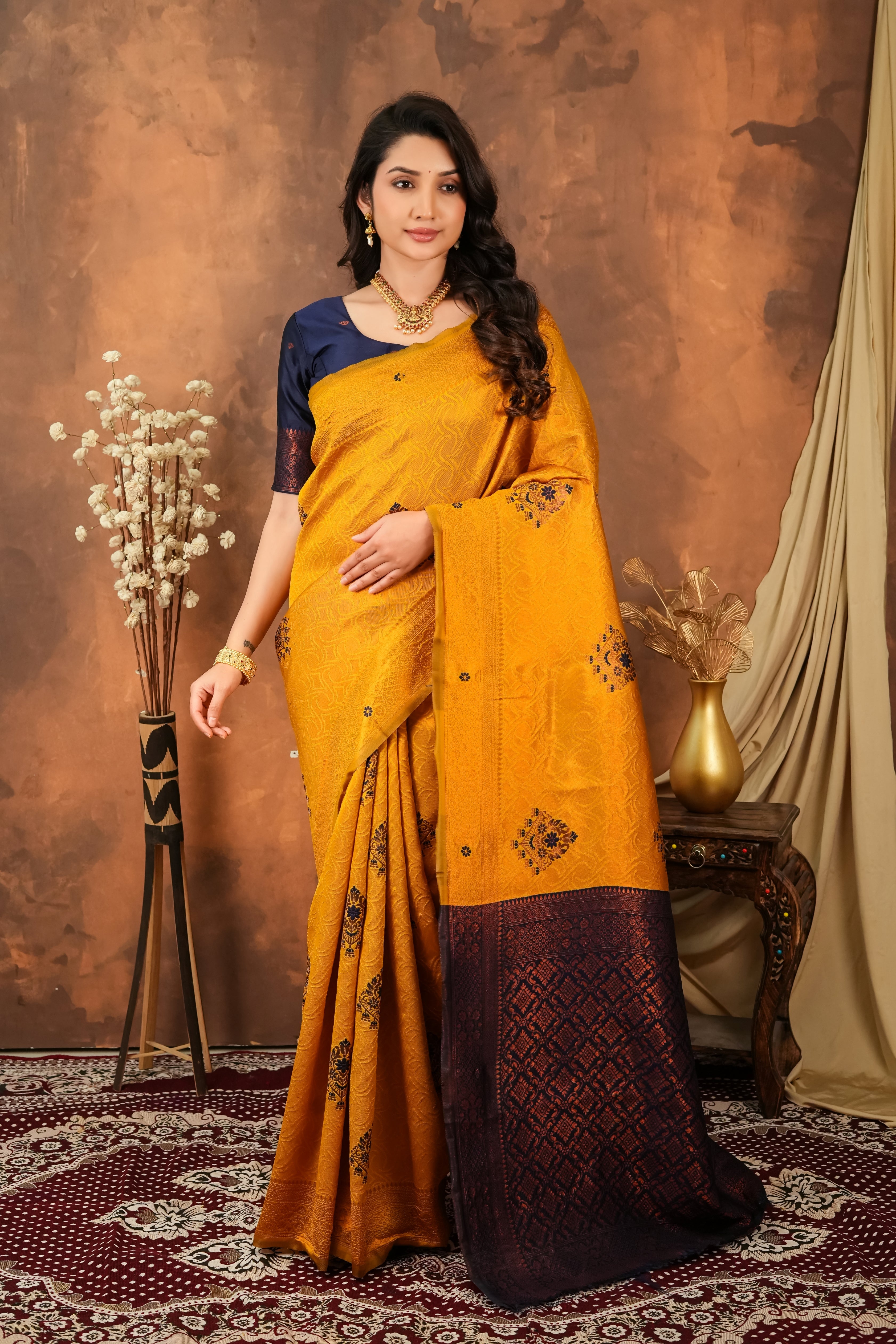 Mustard Gold & Navy Blue Floral Motifs Jacquard Silk Saree